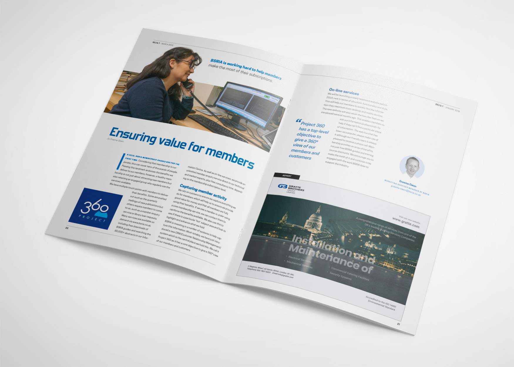 Delta T magazine spread with the article 'Ensuring value for members' and a photo of a woman at a computer