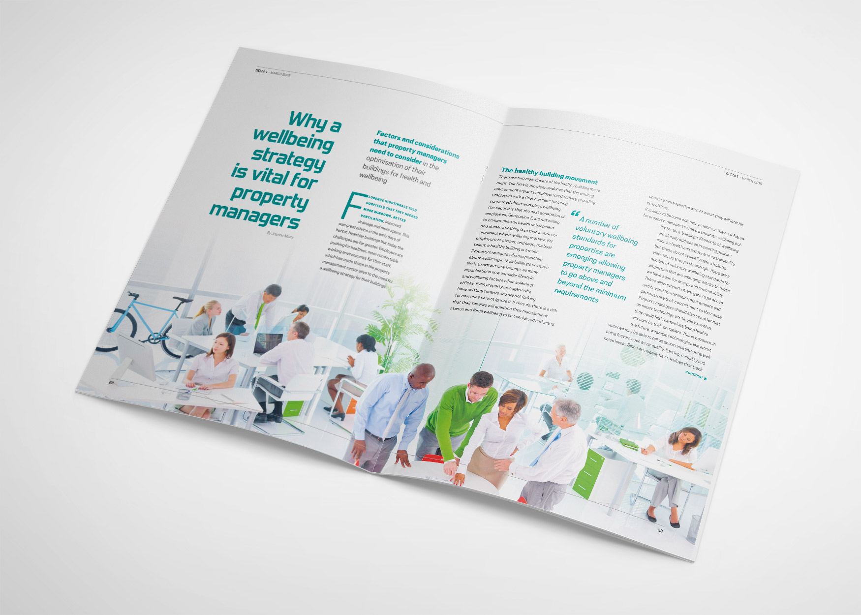 Delta T magazine spread with an article on wellbeing strategy for property managers and a group photo