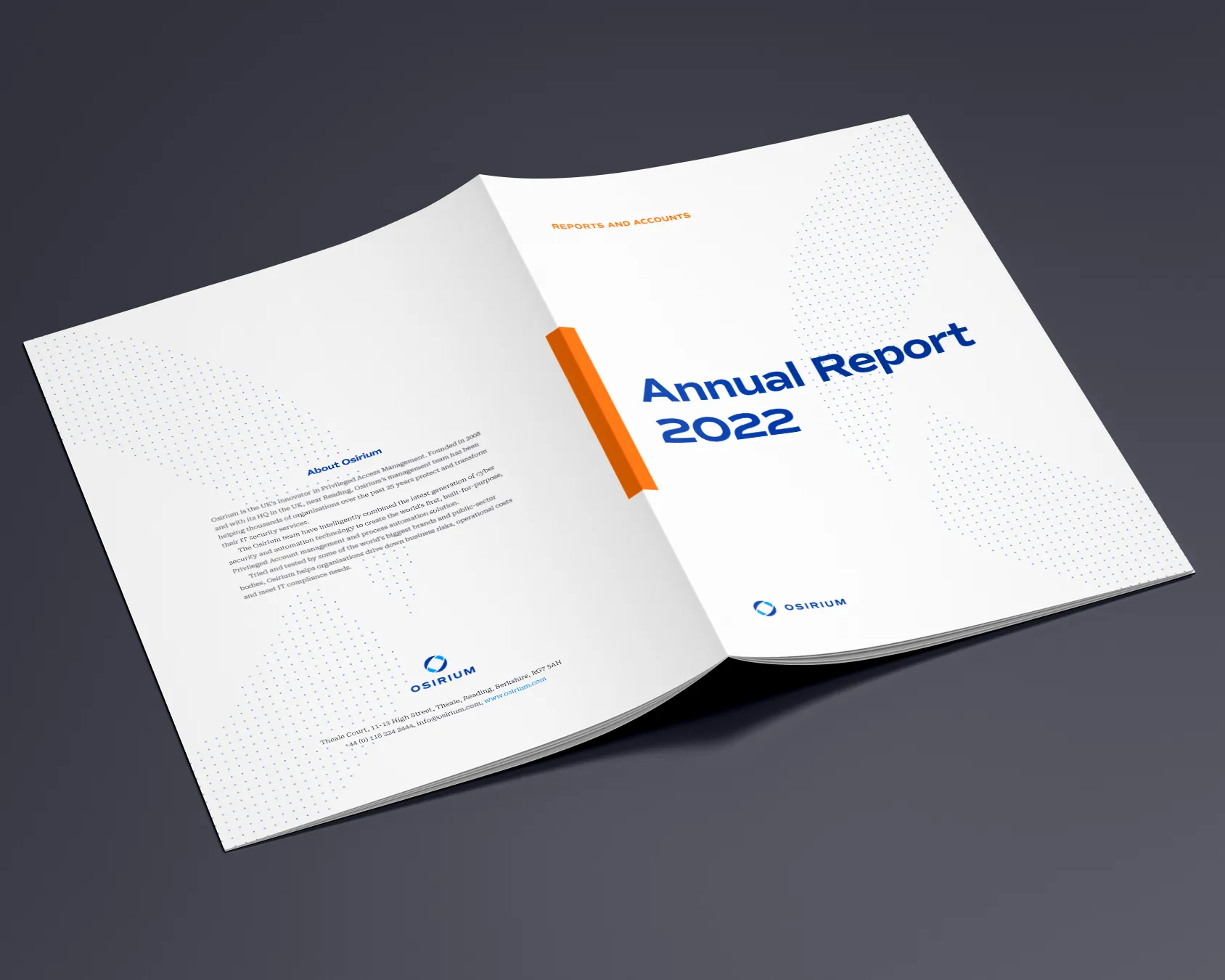 Cover of the Osirium Annual Report 2022: white with an orange accent strip and blue title