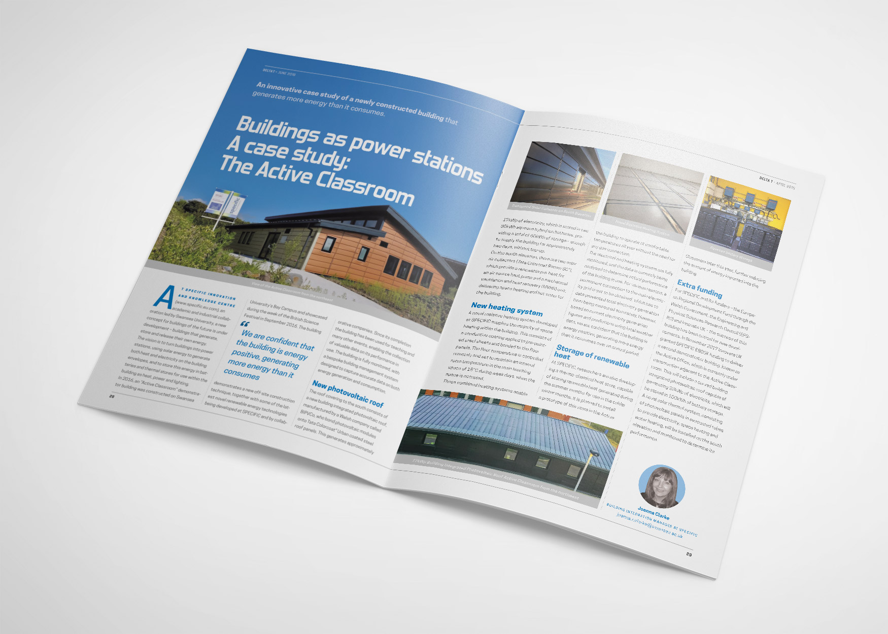 Delta T magazine spread with the case study 'Buildings as power stations: The Active Classroom', with building photos