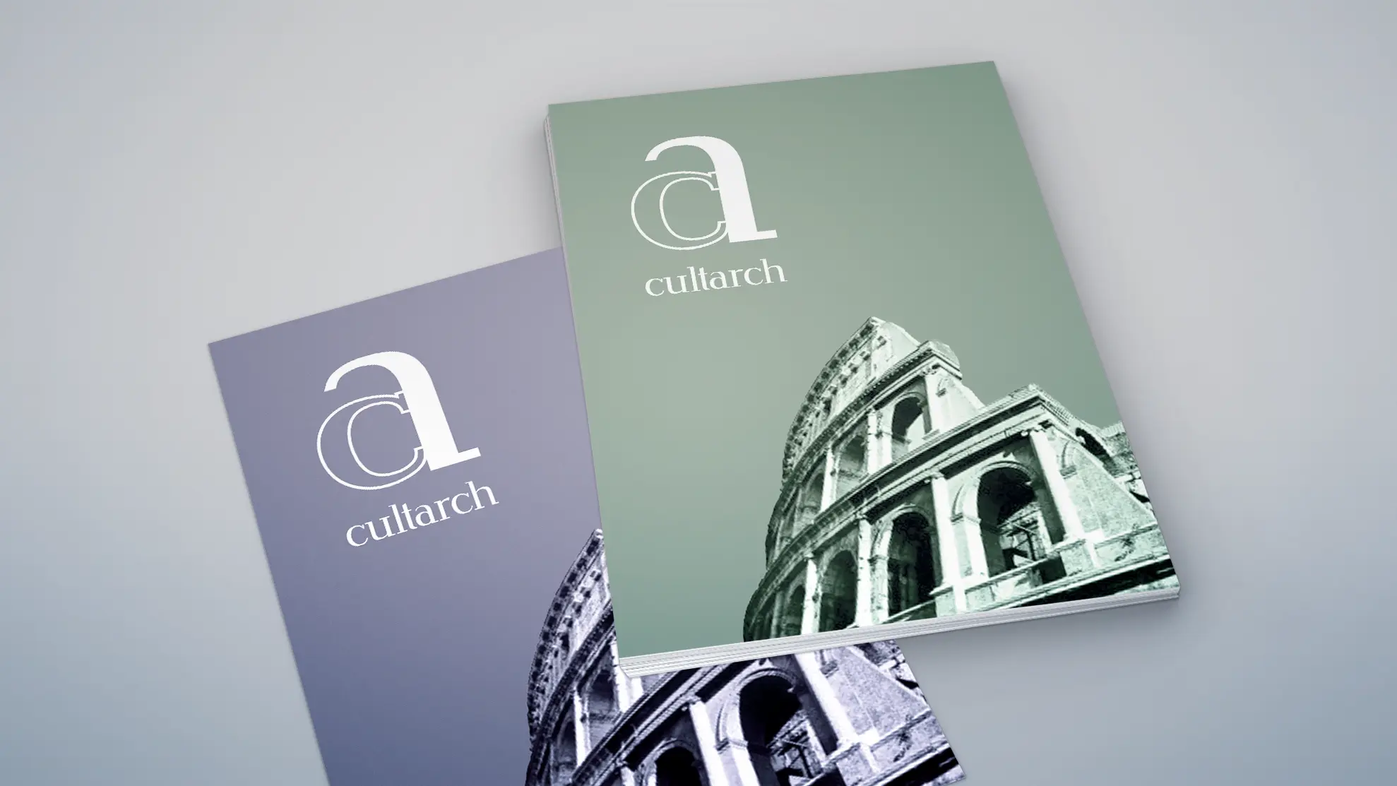 Two CultArch magazine covers with the 'ca' monogram over a photo of the Colosseum, in lilac and sage green