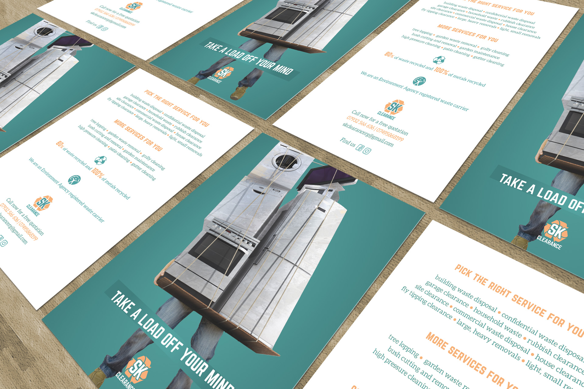 SK Clearance flyers laid out in rows, showing a man carrying a stack of appliances and the line 'Take a load off your mind'