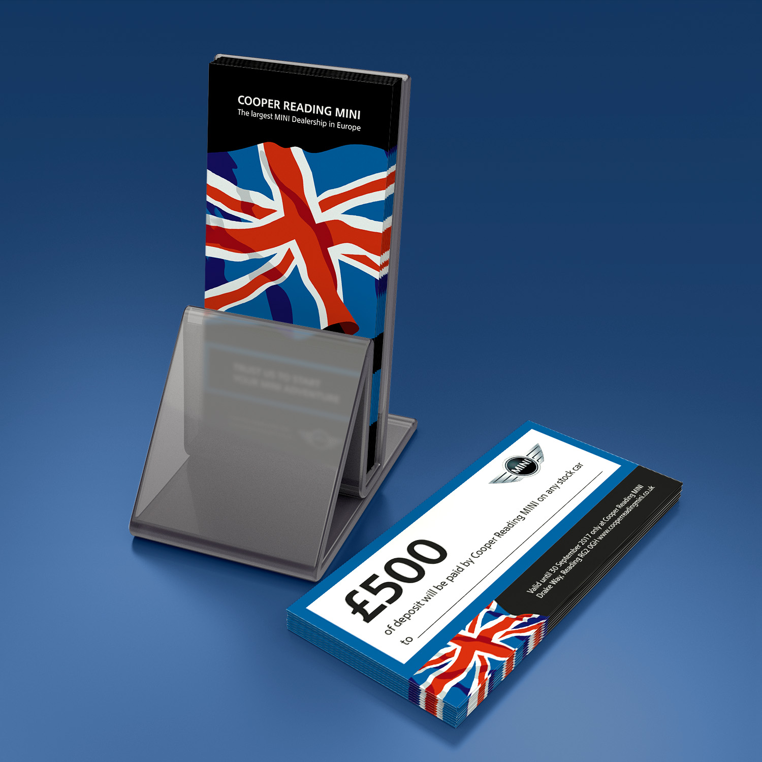 Cooper Reading MINI desktop display: a mini roll-up banner and a holder of £500 deposit vouchers