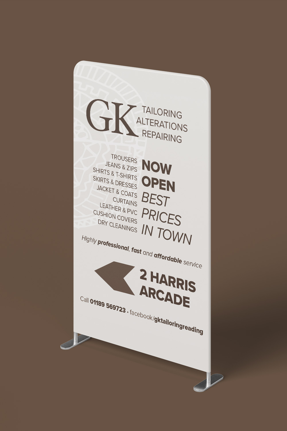 GK freestanding pavement sign announcing 'Now open', with an arrow to 2 Harris Arcade