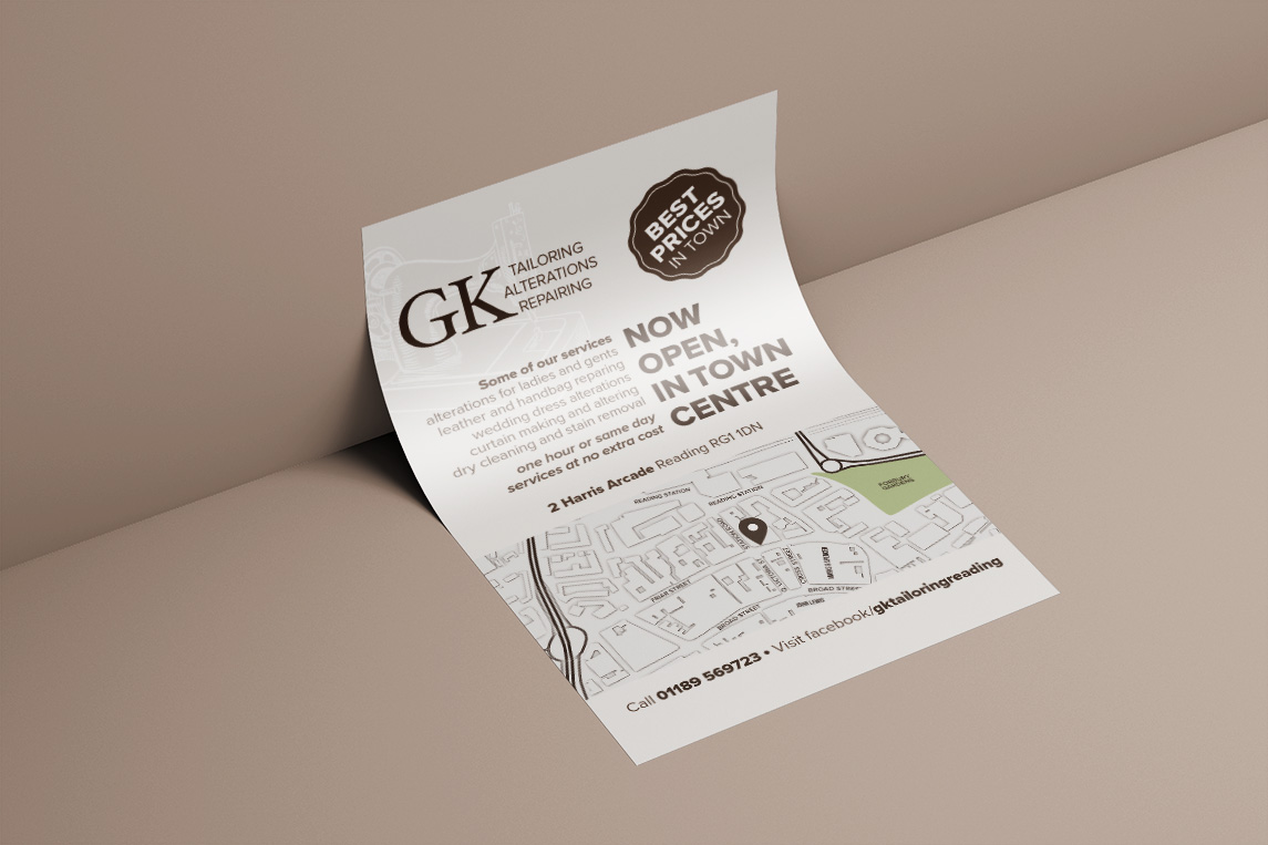 GK flyer announcing the shop is now open in the town centre, with a street map