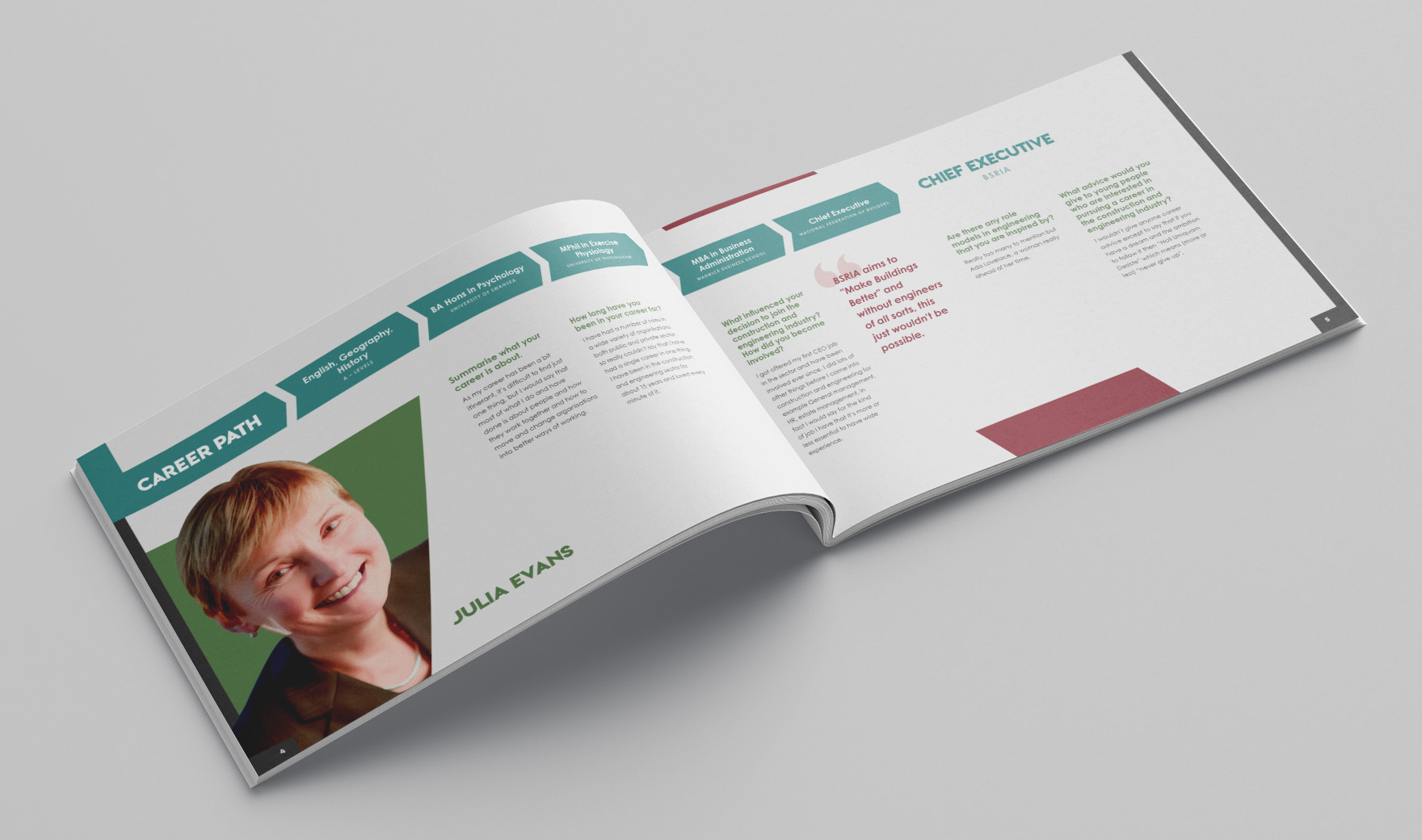Inspire brochure spread profiling a BSRIA man, with a portrait and a teal career-path timeline