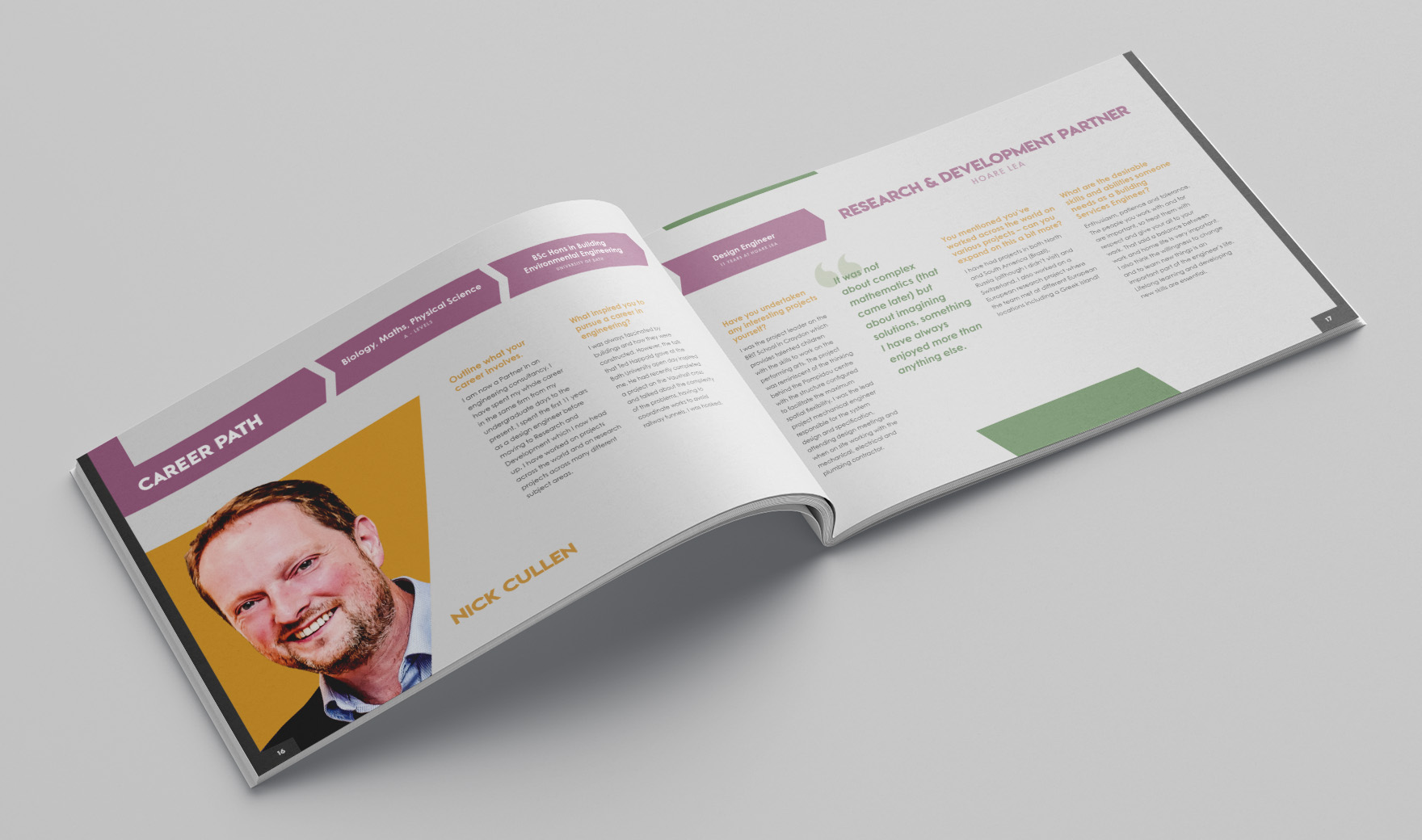 Inspire brochure spread profiling a BSRIA man, with a portrait and a purple career-path timeline