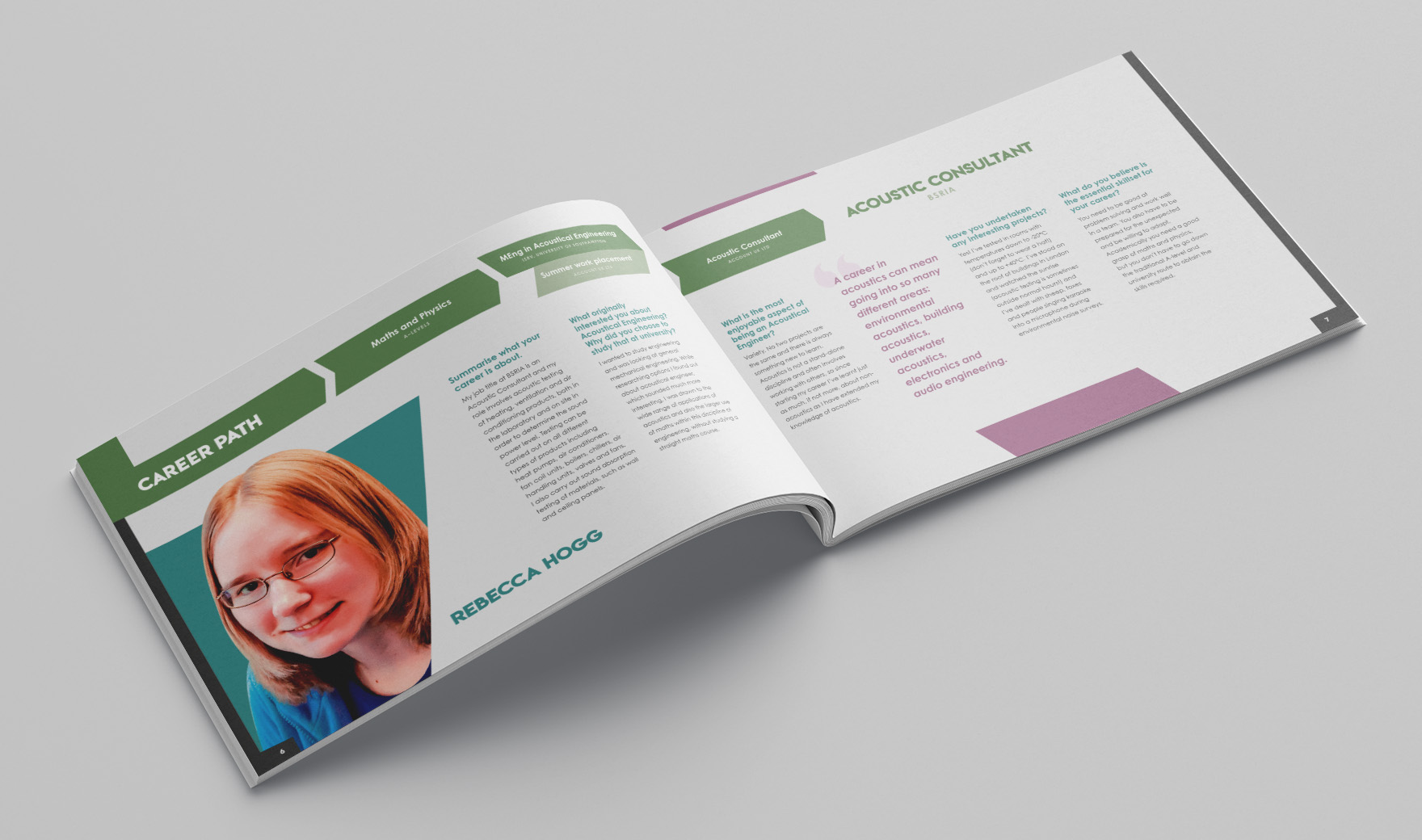 Inspire brochure spread profiling a BSRIA woman, with a portrait and a green career-path timeline