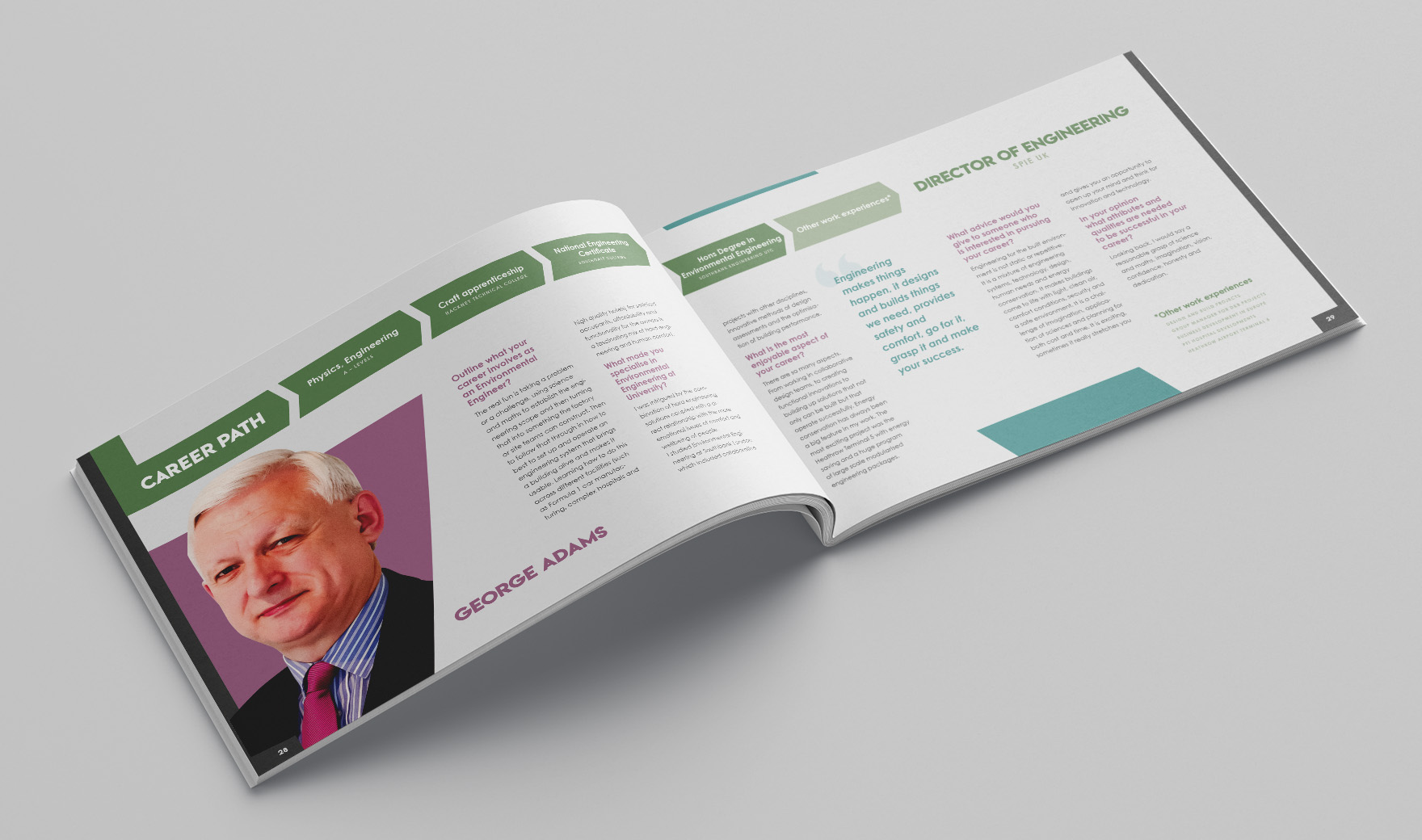 Inspire brochure spread profiling a BSRIA man, with a portrait and a green career-path timeline