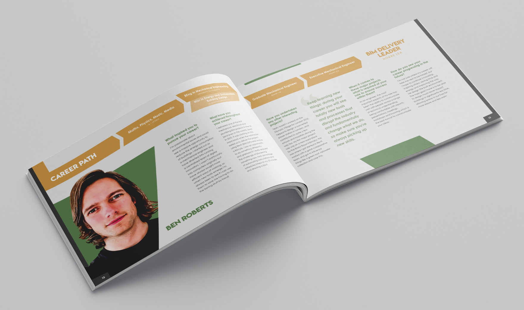 Inspire brochure spread profiling a BSRIA woman, with a portrait and a gold career-path timeline