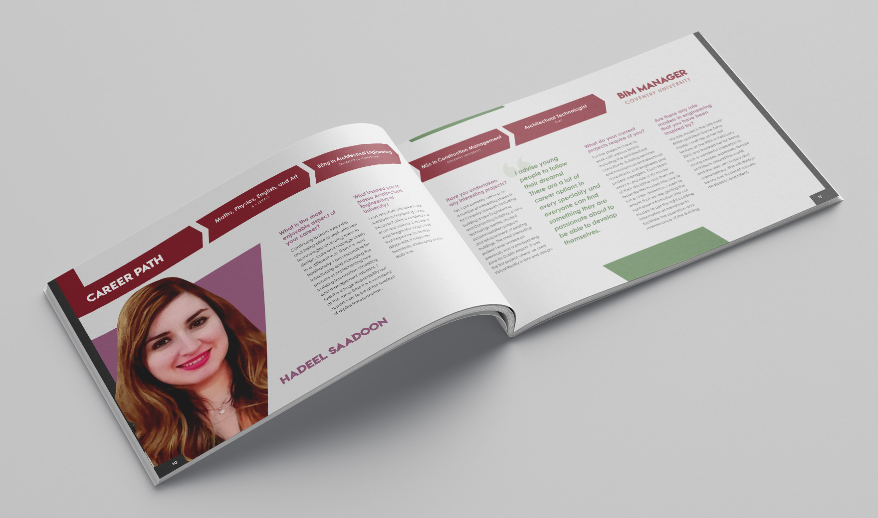 Inspire brochure spread profiling a BSRIA woman, with a portrait and a red career-path timeline