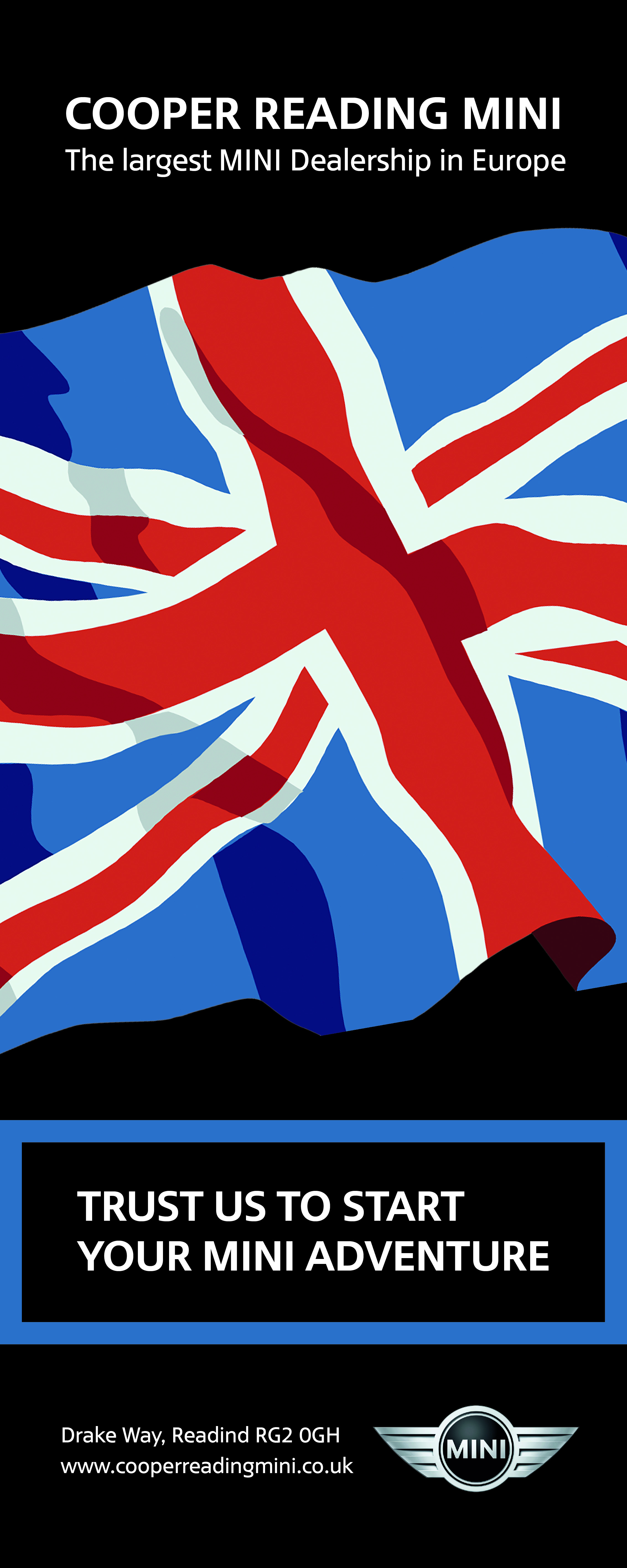 Cooper Reading MINI roll-up banner artwork with a Union Jack, the tagline and the MINI logo