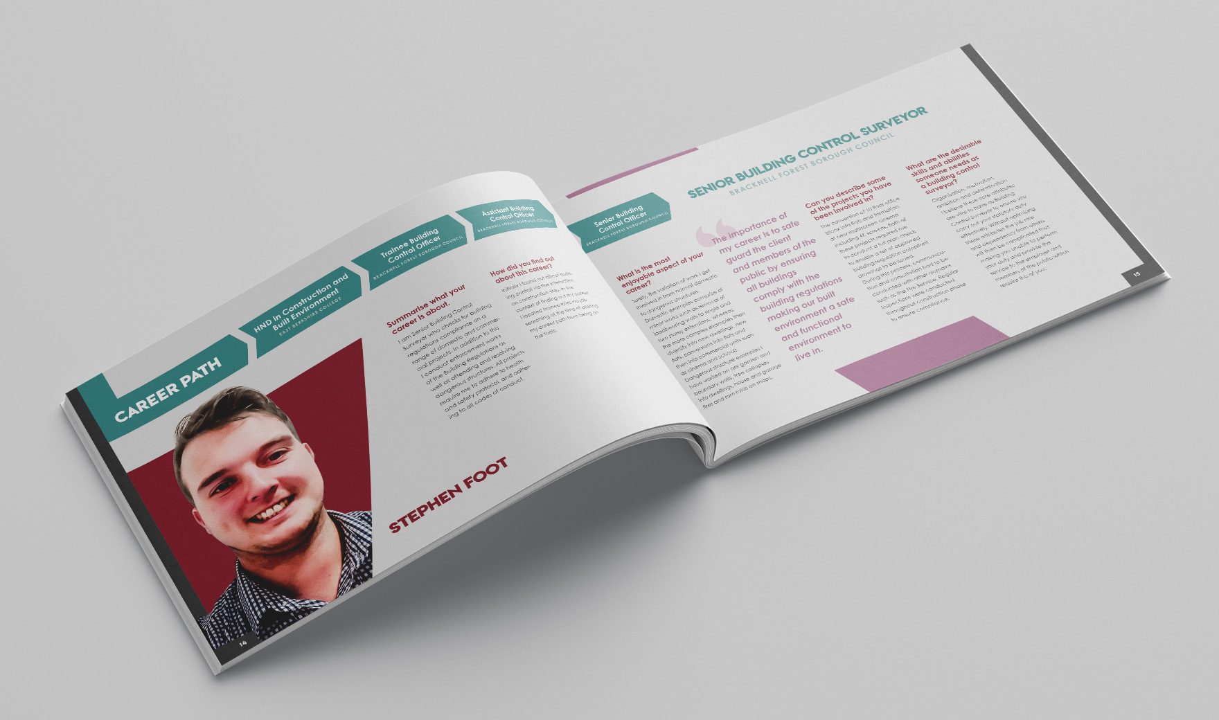 Inspire brochure spread profiling a BSRIA man, with a portrait and a teal career-path timeline