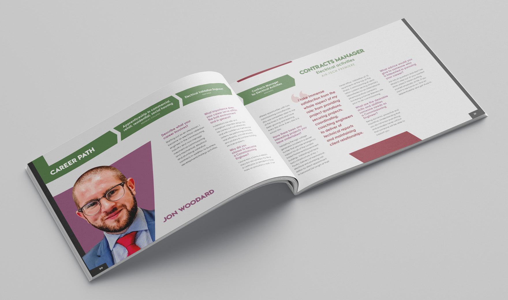 Inspire brochure spread profiling a BSRIA man, with a portrait and a green career-path timeline