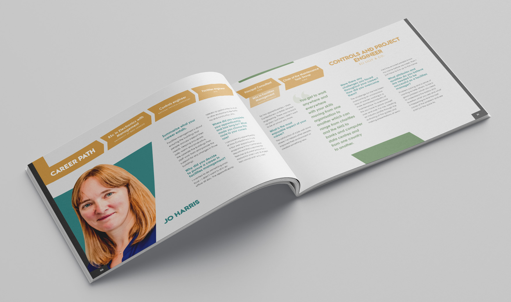 Inspire brochure spread profiling a BSRIA woman, with a portrait and a gold career-path timeline