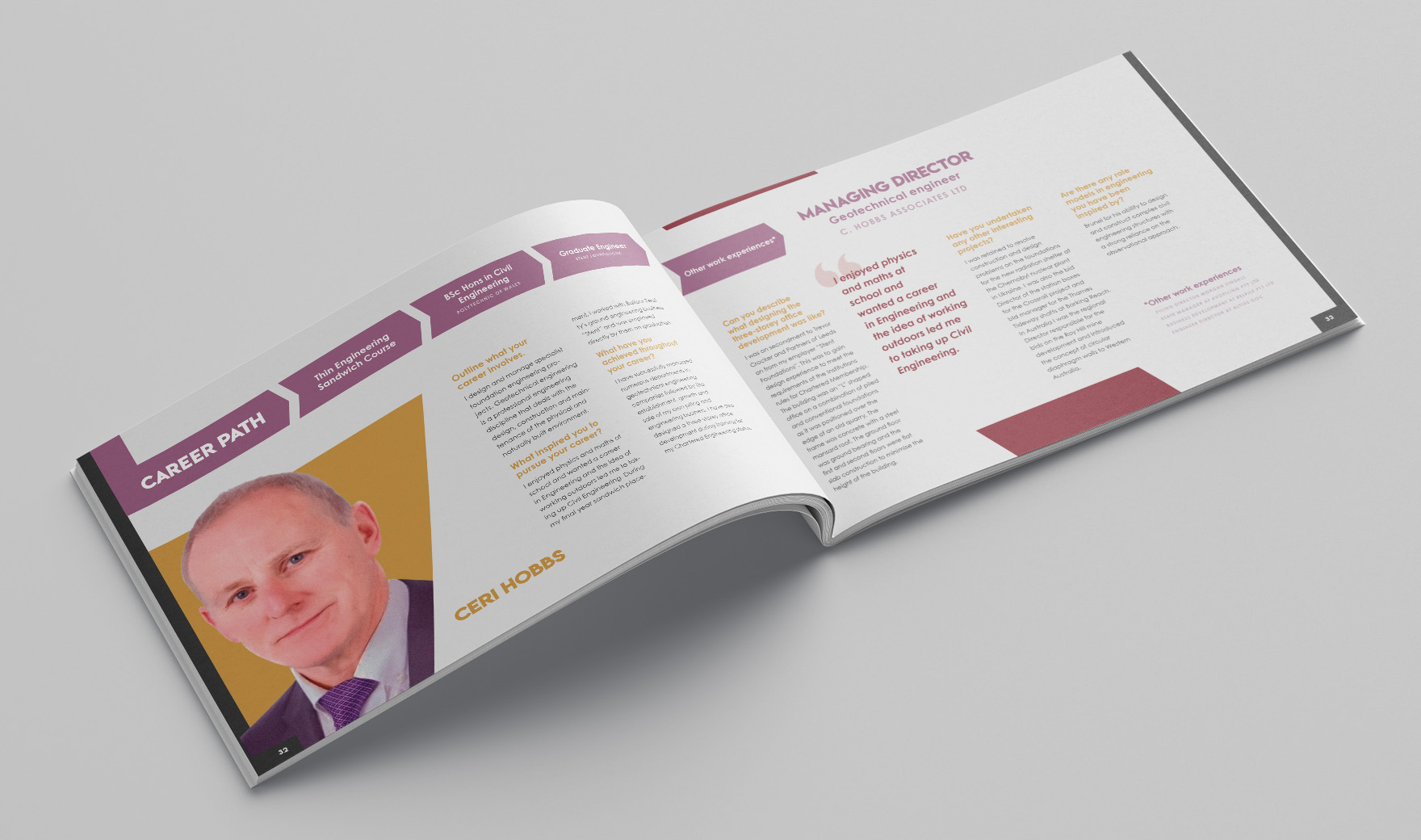 Inspire brochure spread profiling a BSRIA man, with a portrait and a purple career-path timeline