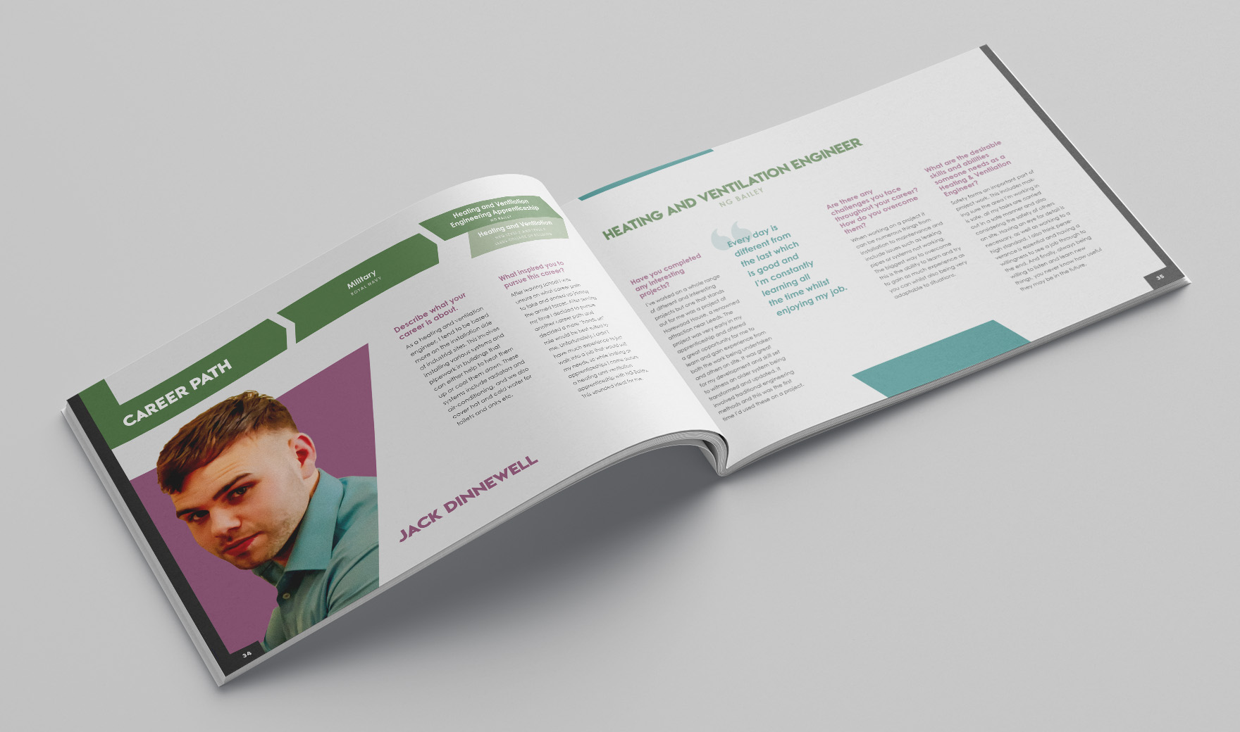 Inspire brochure spread profiling a BSRIA young man, with a portrait and a green career-path timeline