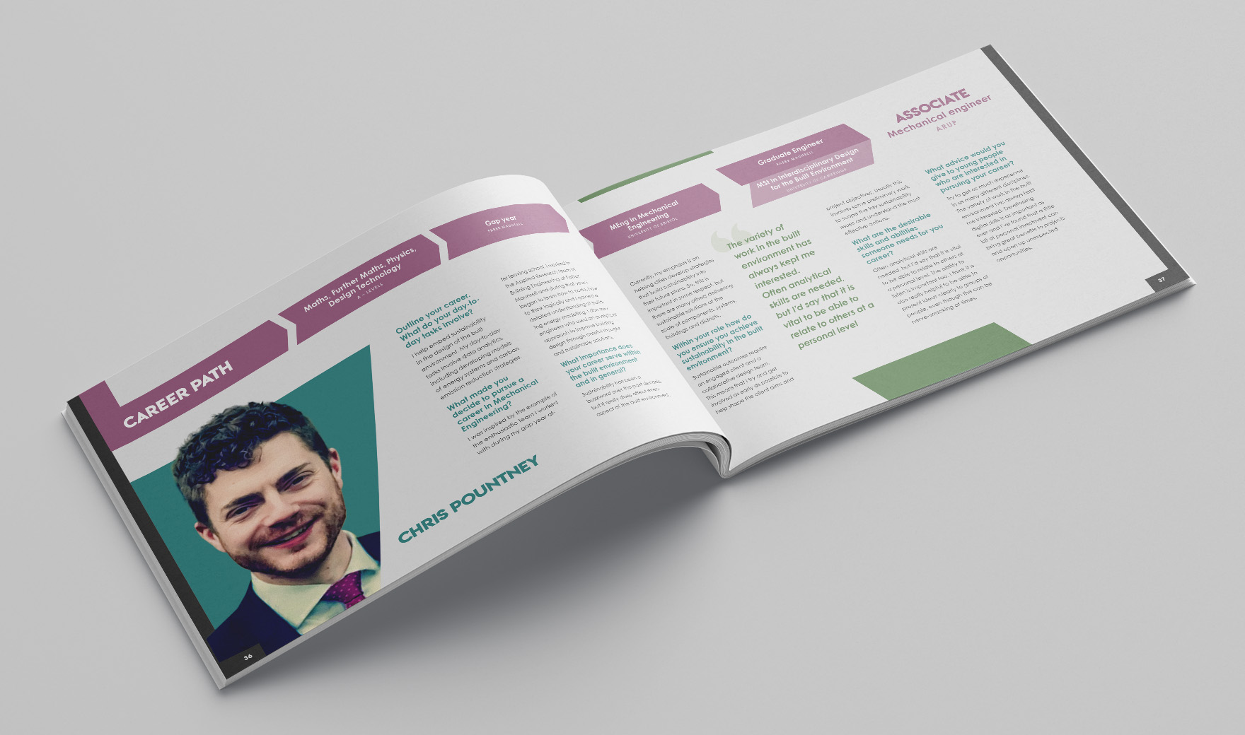 Inspire brochure spread profiling a BSRIA young man, with a portrait and a purple career-path timeline