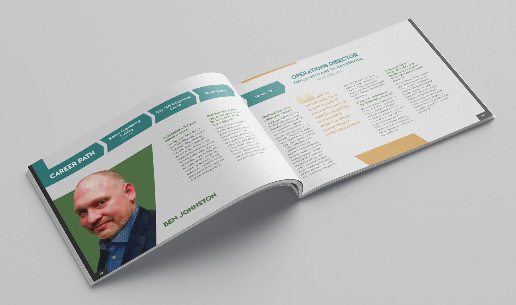 Inspire brochure spread profiling a BSRIA man, with a portrait and a teal career-path timeline