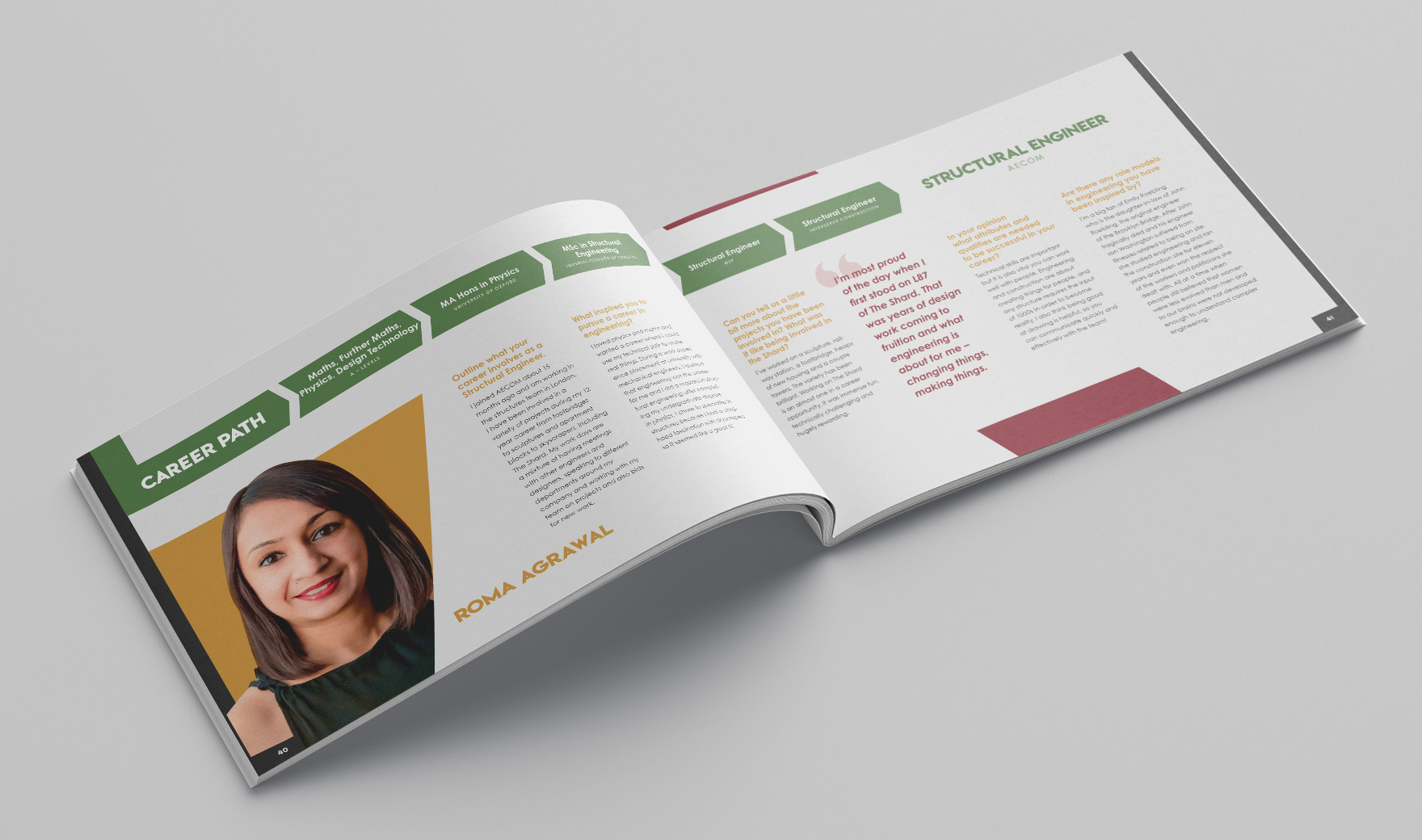 Inspire brochure spread profiling a BSRIA woman, with a portrait and a green career-path timeline
