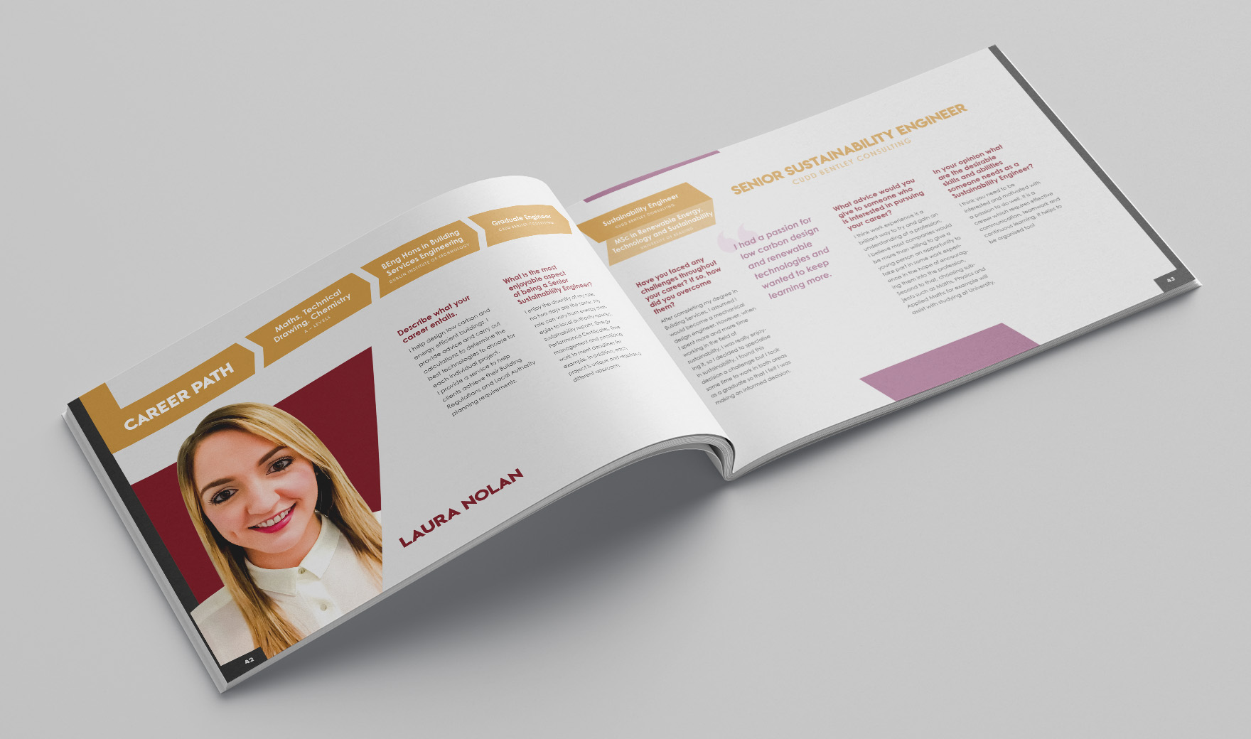 Inspire brochure spread profiling a BSRIA woman, with a portrait and a gold career-path timeline
