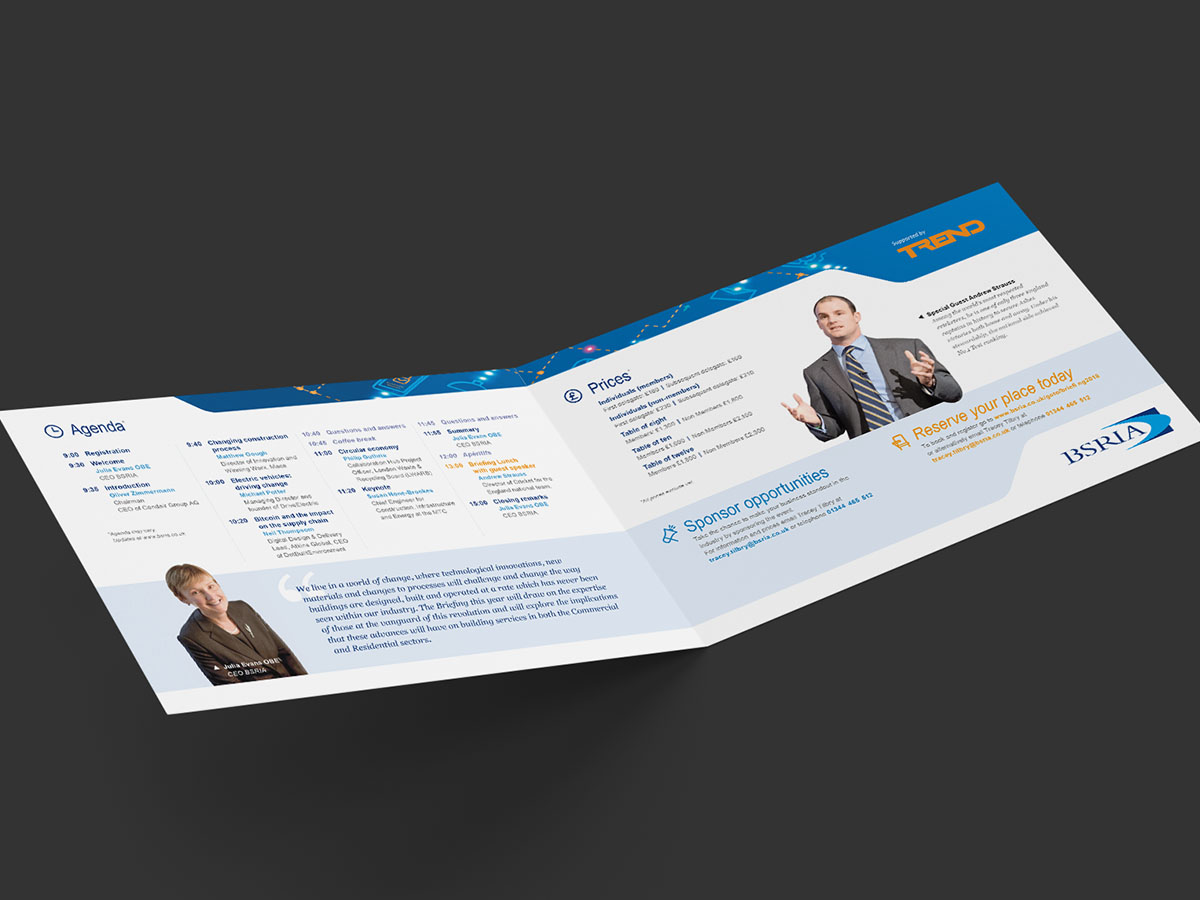Inside spread of the 'Disruption in construction' invitation with the speaker line-up and portraits