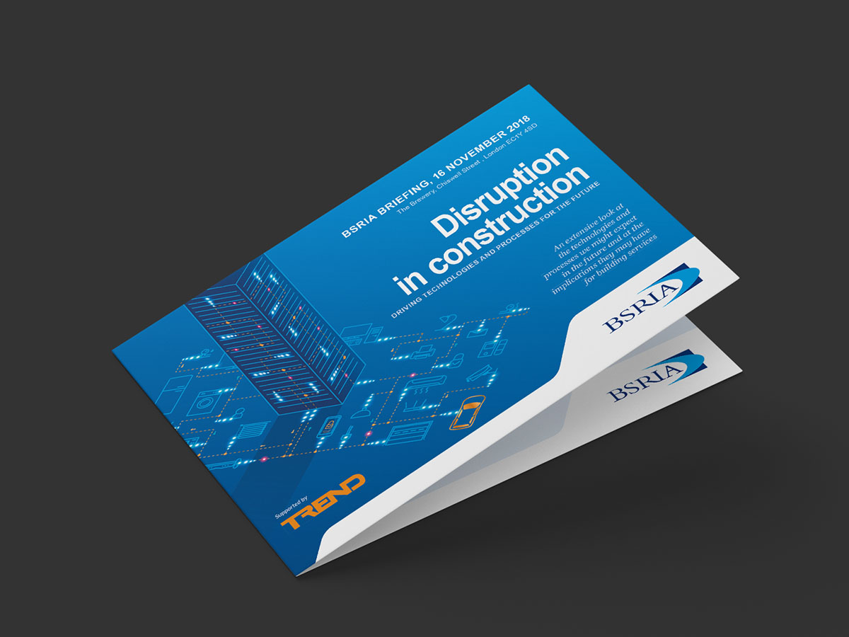 Cover of the BSRIA 'Disruption in construction' event invitation, in blue with a digital circuit pattern