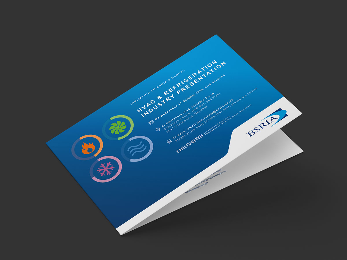 Cover of a BSRIA HVAC event invitation in blue, with circular icons