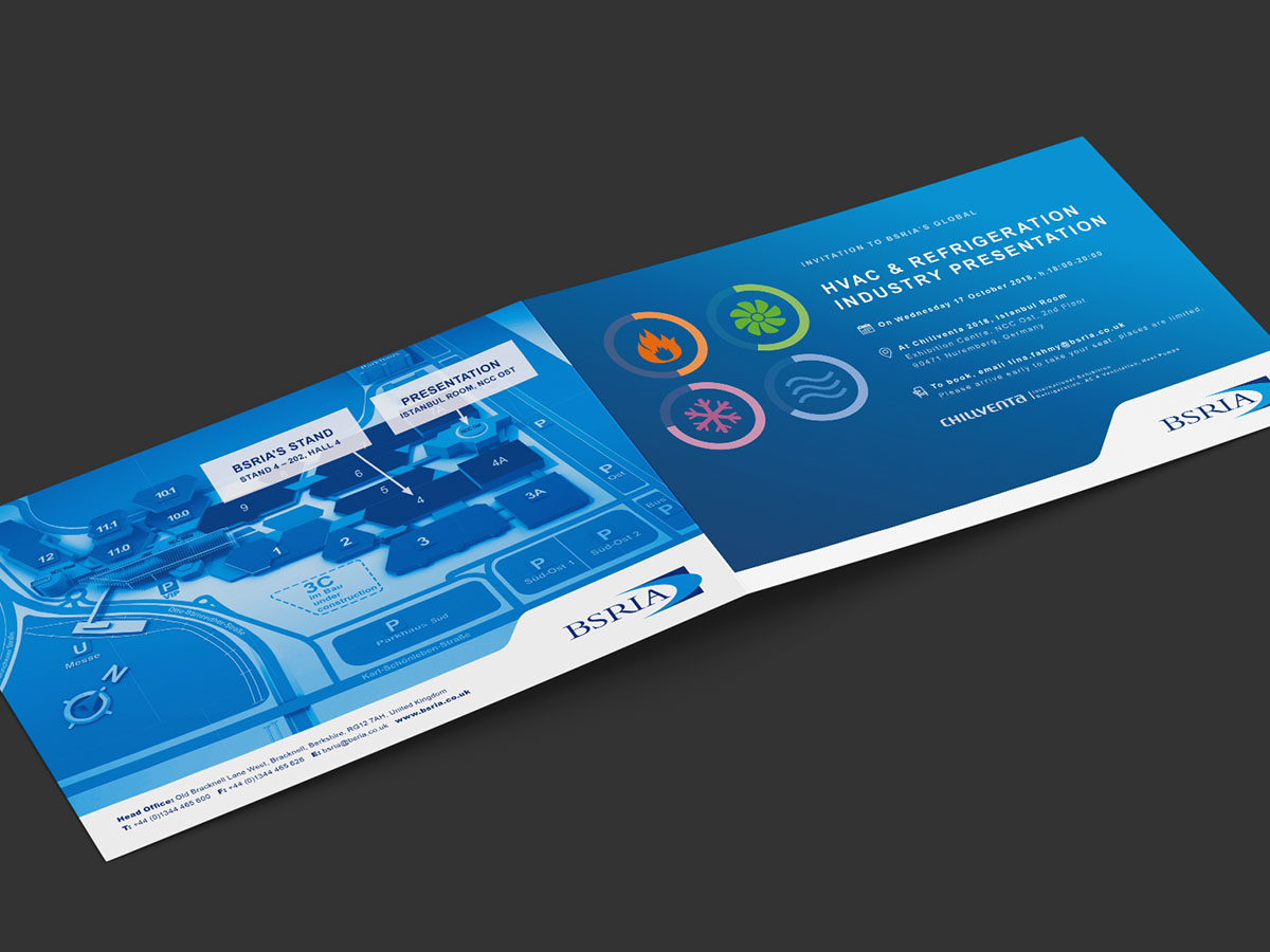 Inside spread of the BSRIA HVAC event invitation, in blue with a photo panel and circular icons