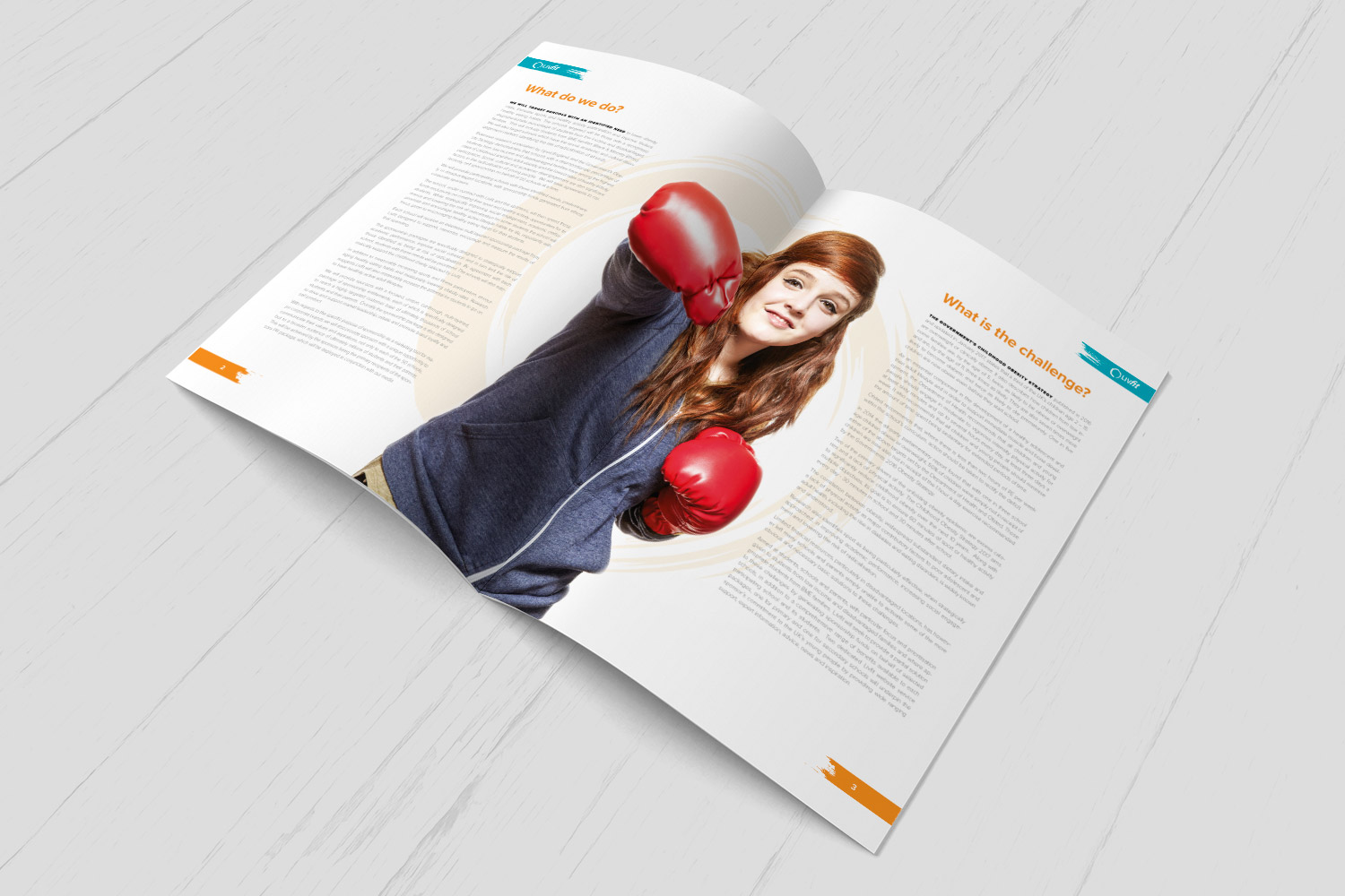 LivFit brochure spread with a girl in red boxing gloves
