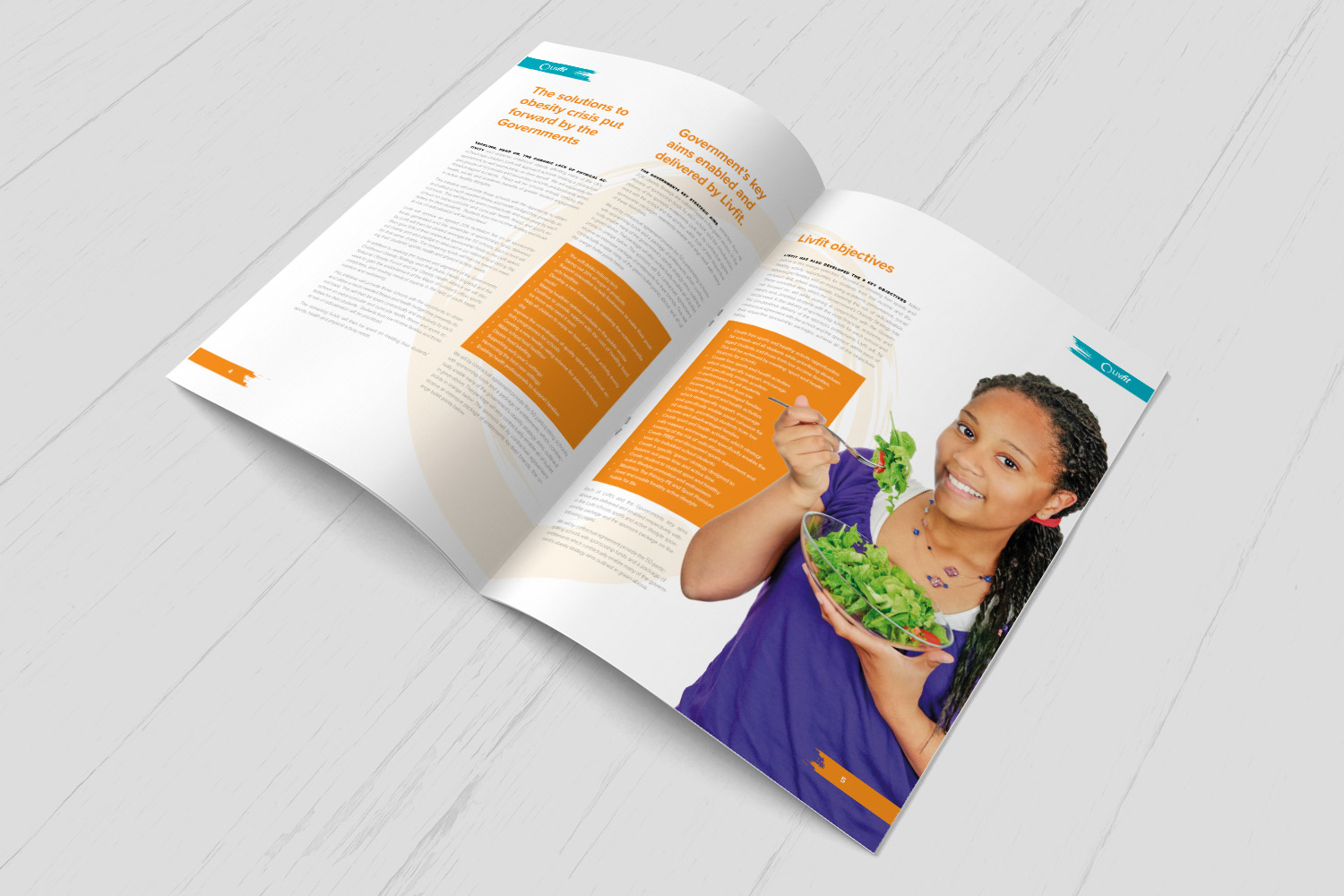 LivFit brochure spread with orange panels and a girl holding fresh vegetables