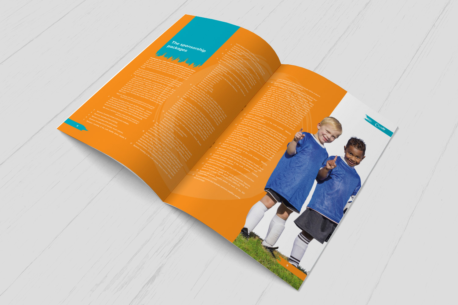 LivFit brochure spread with an orange panel and children in school uniform