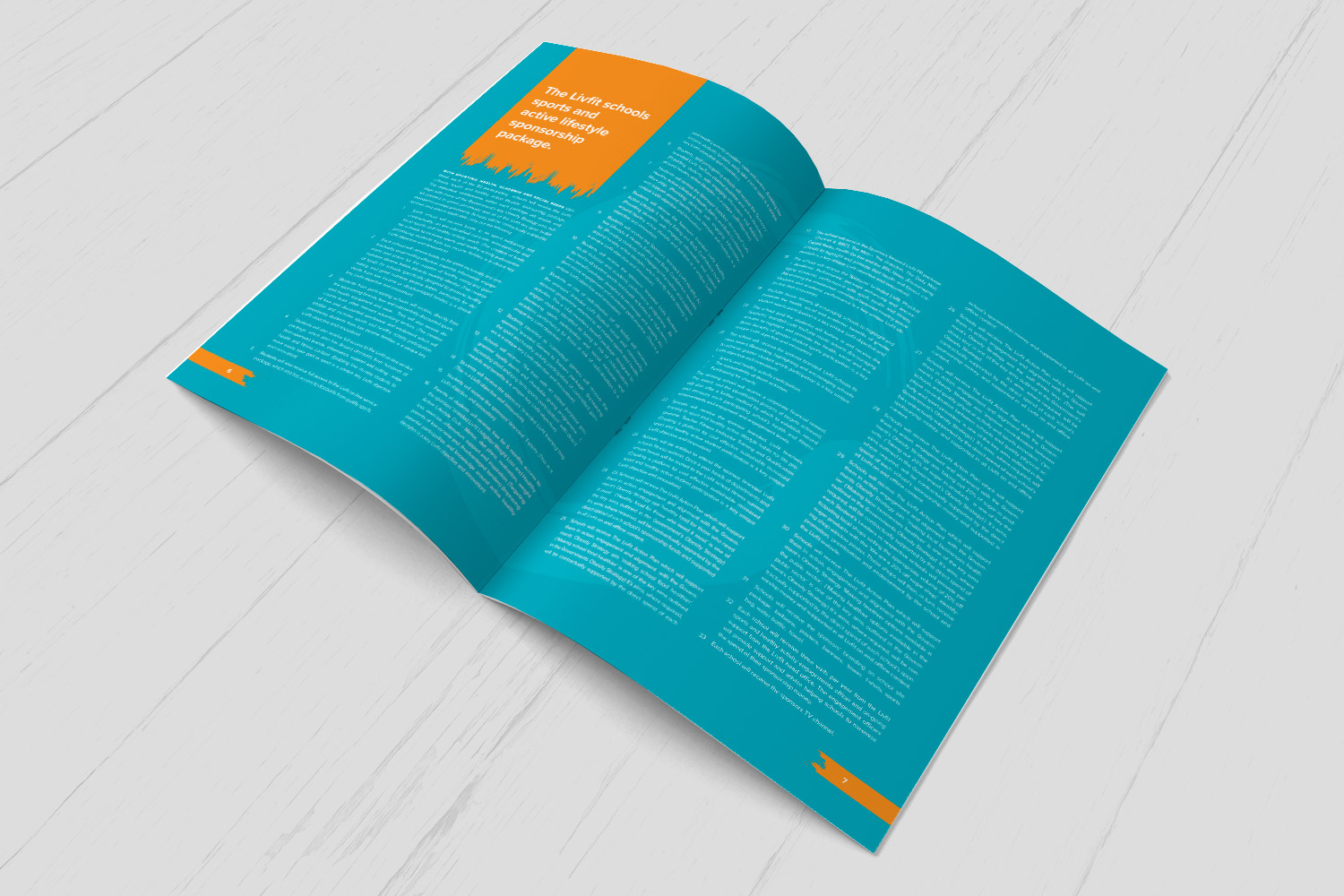 LivFit brochure spread with text set on a teal background