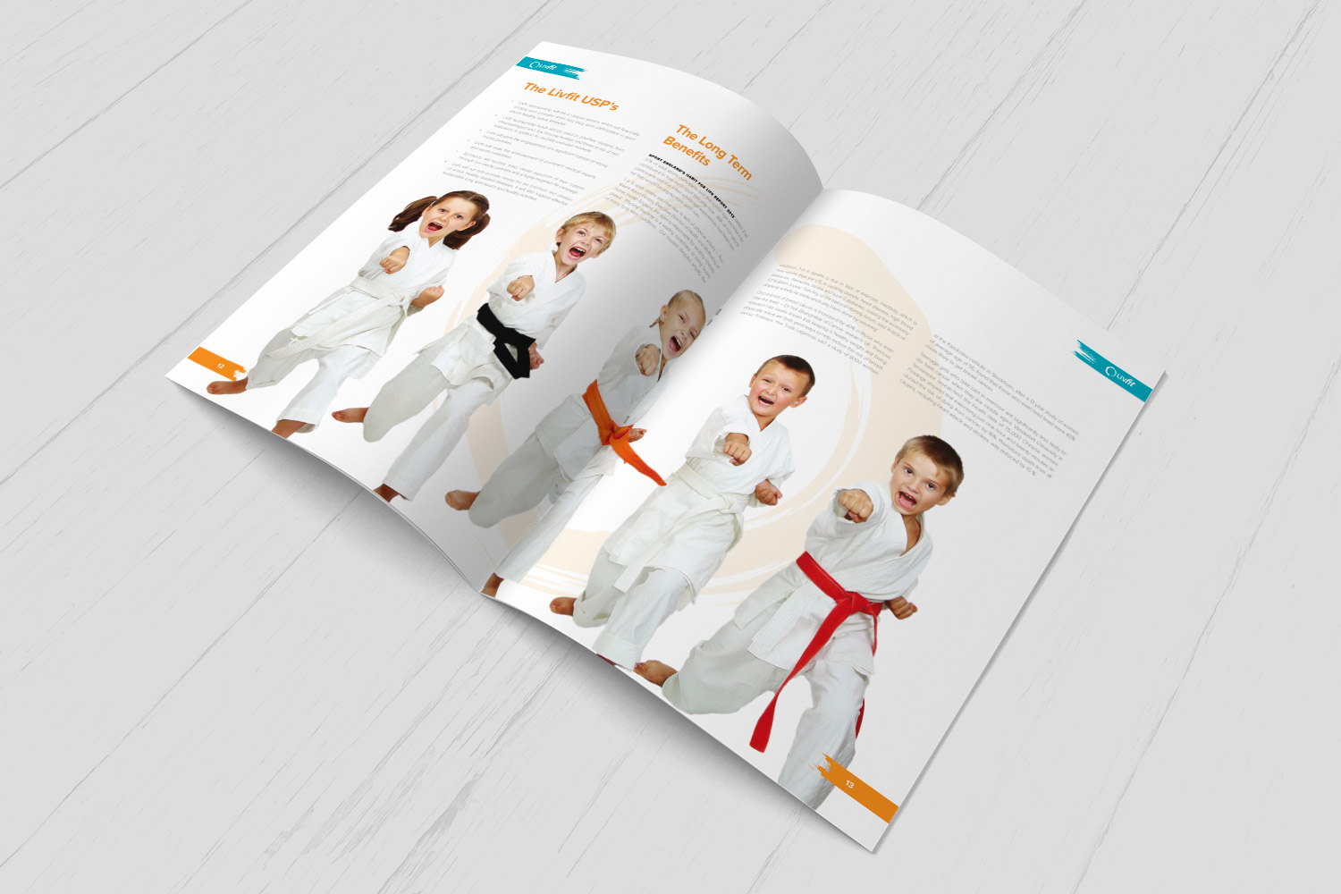 LivFit brochure spread with children in martial arts uniforms