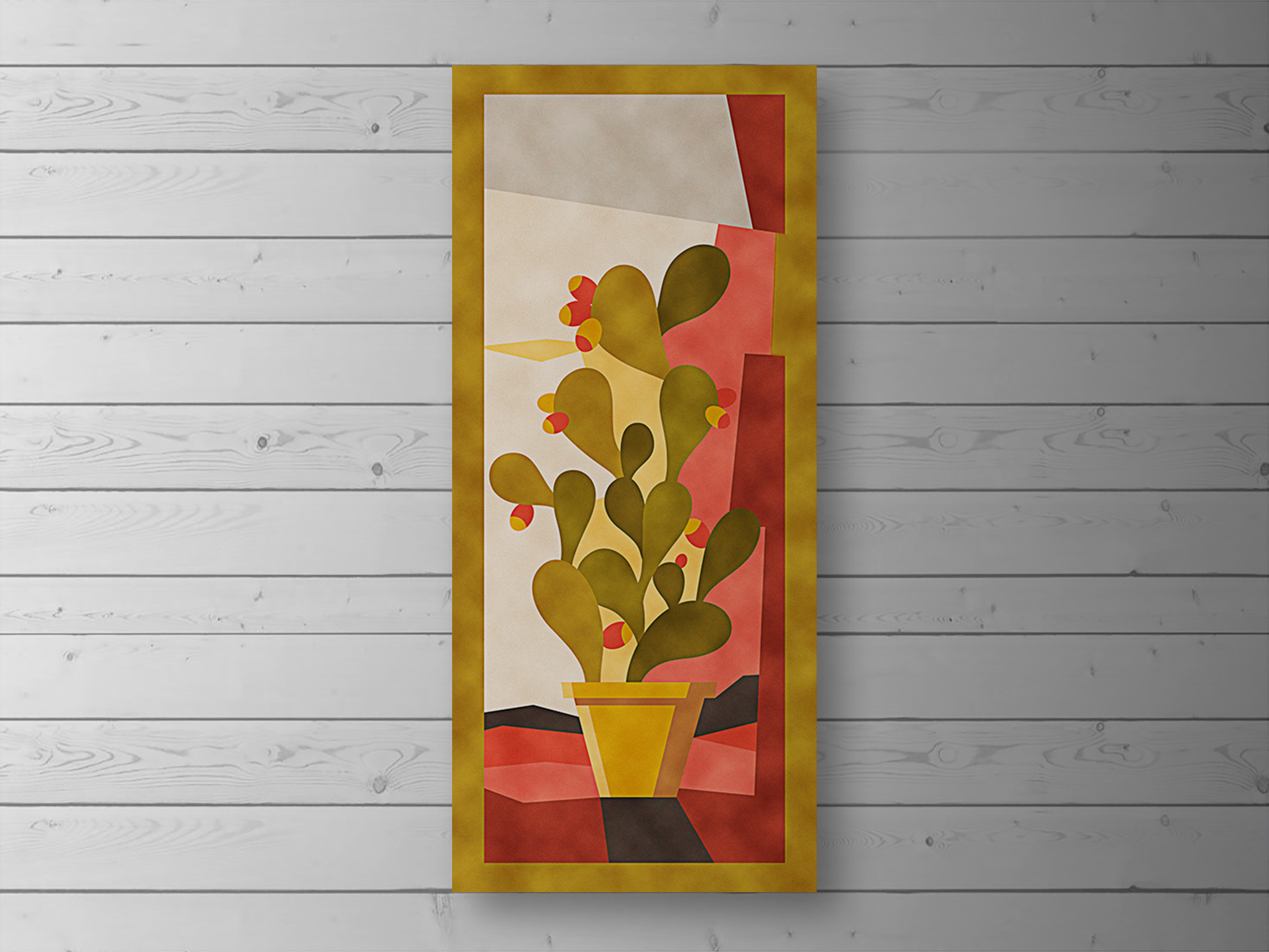 Tall velvet patchwork wall hanging of a prickly pear cactus in a pot with a mustard border, on a wooden wall