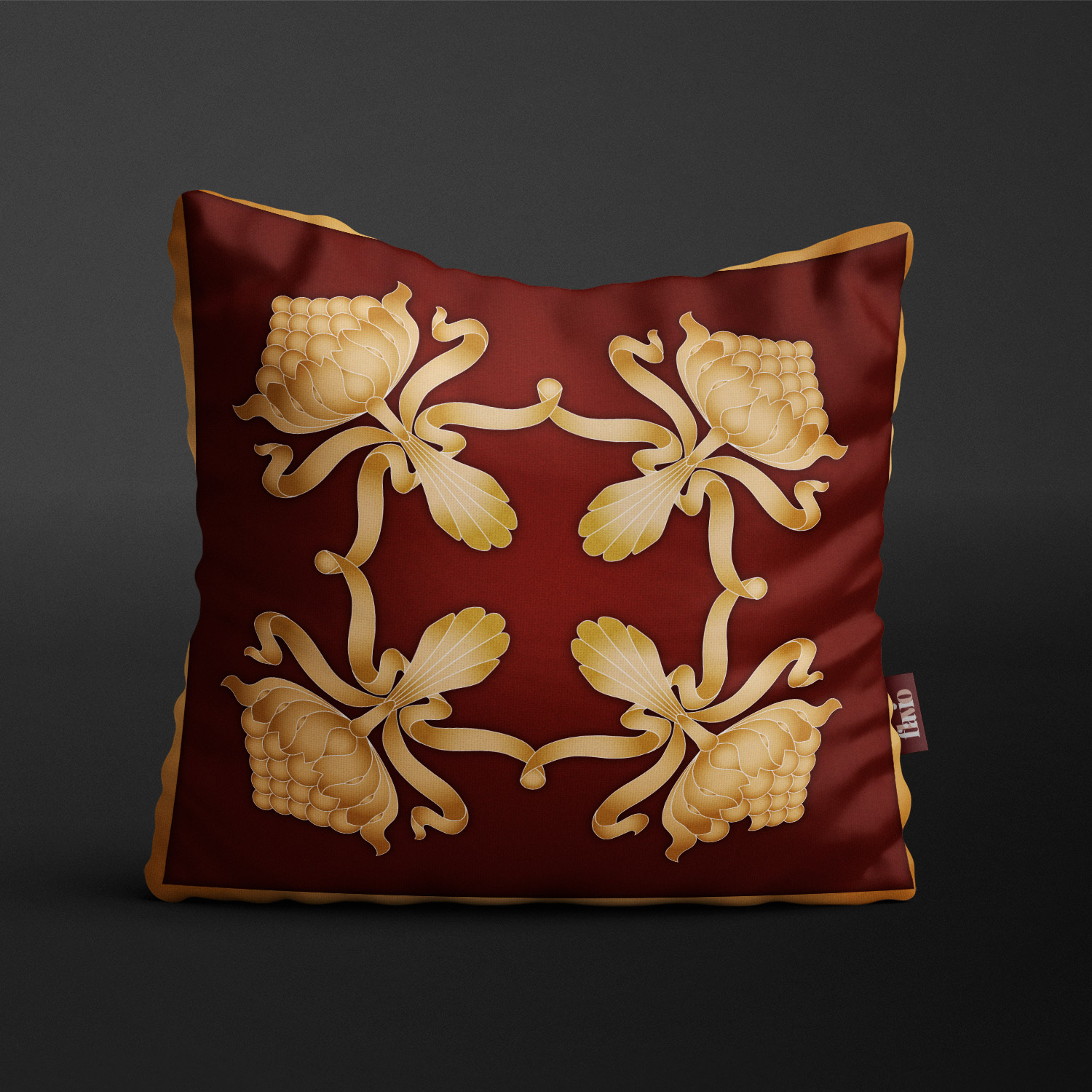 Dark red cushion printed with a gold artichoke pattern