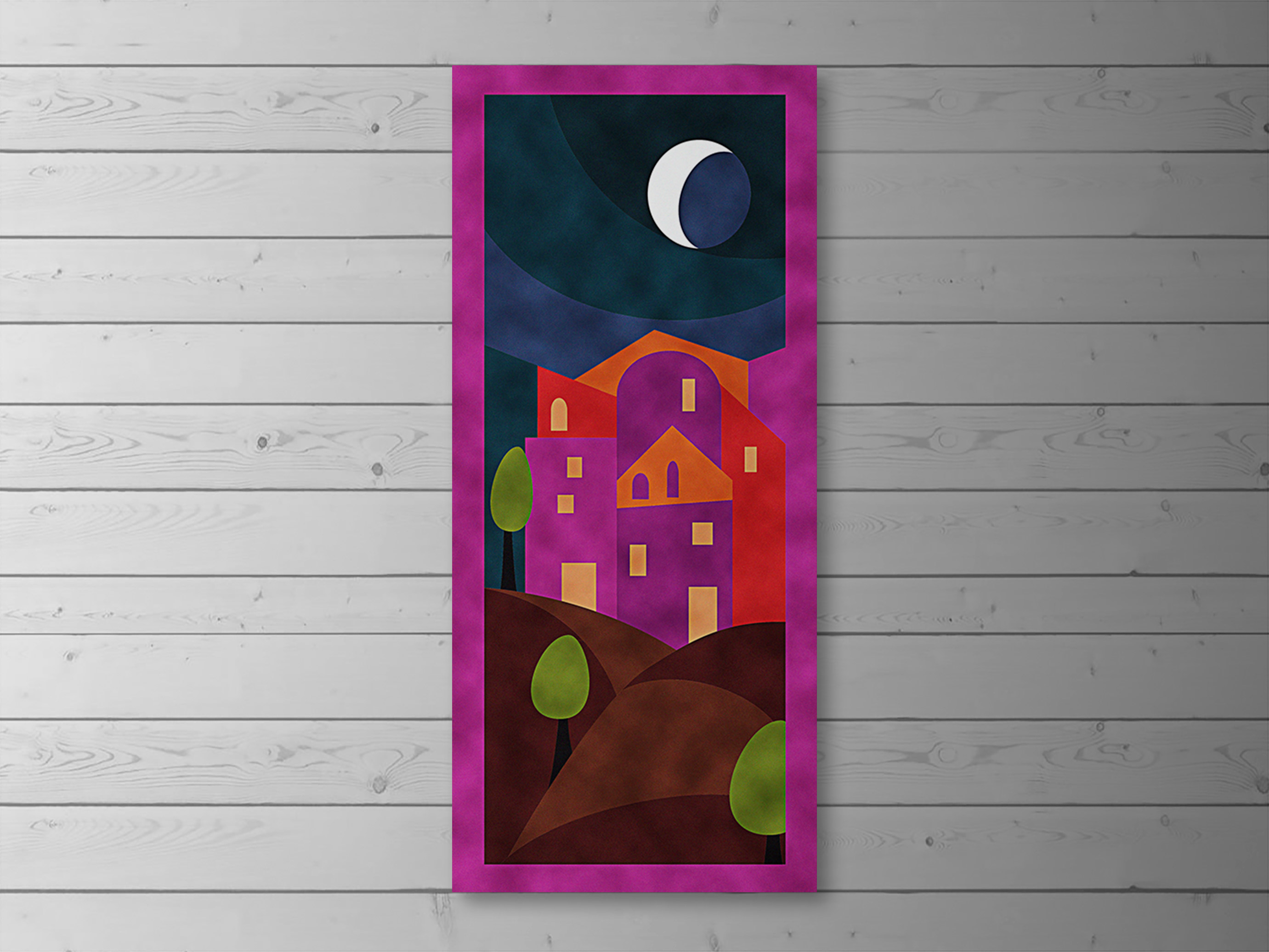 Tall velvet patchwork wall hanging of a night scene: a crescent moon over a house with lit windows, in purple and orange with a magenta border