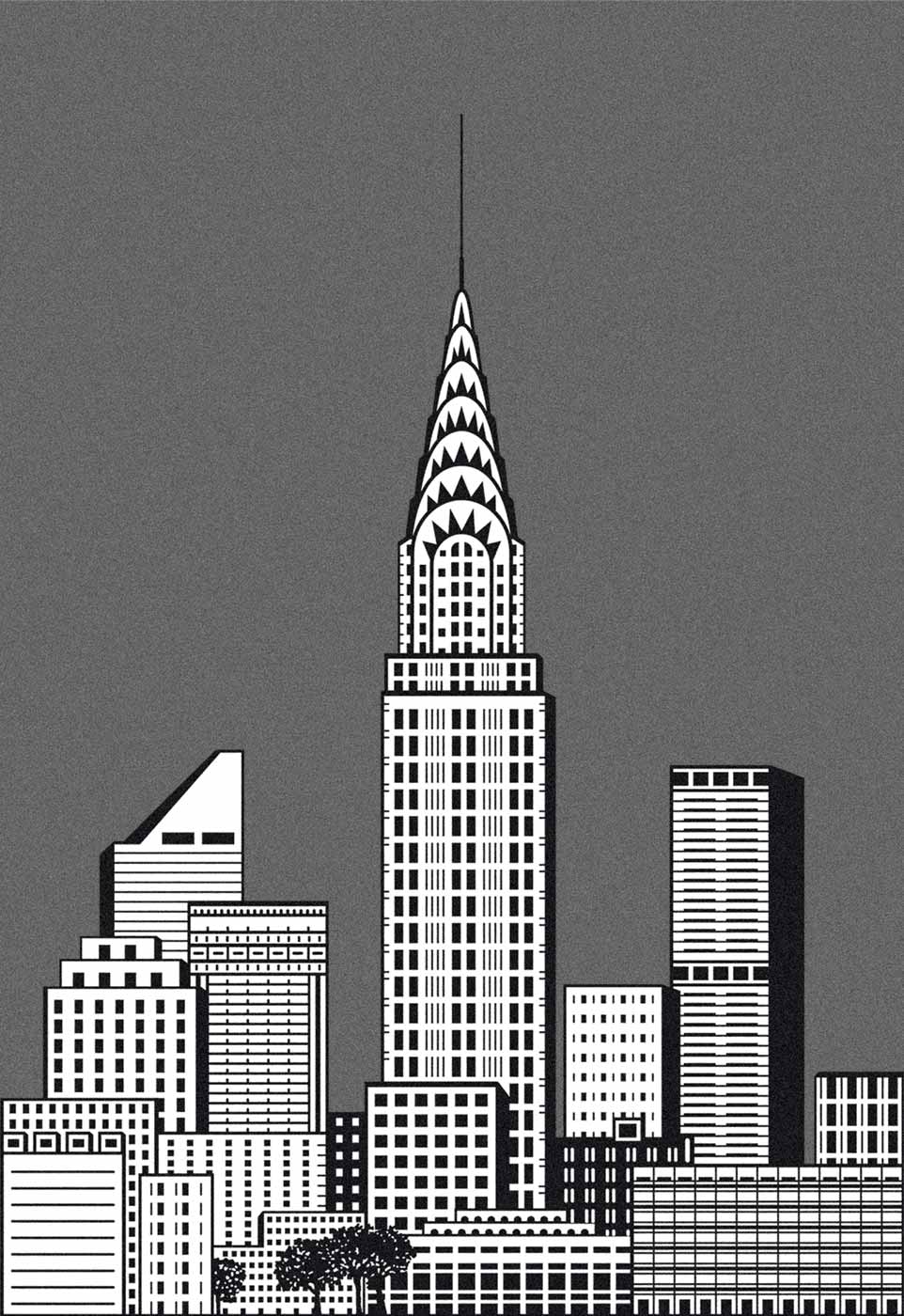 Black and white vector reconstruction of the Chrysler Building and the surrounding New York skyline