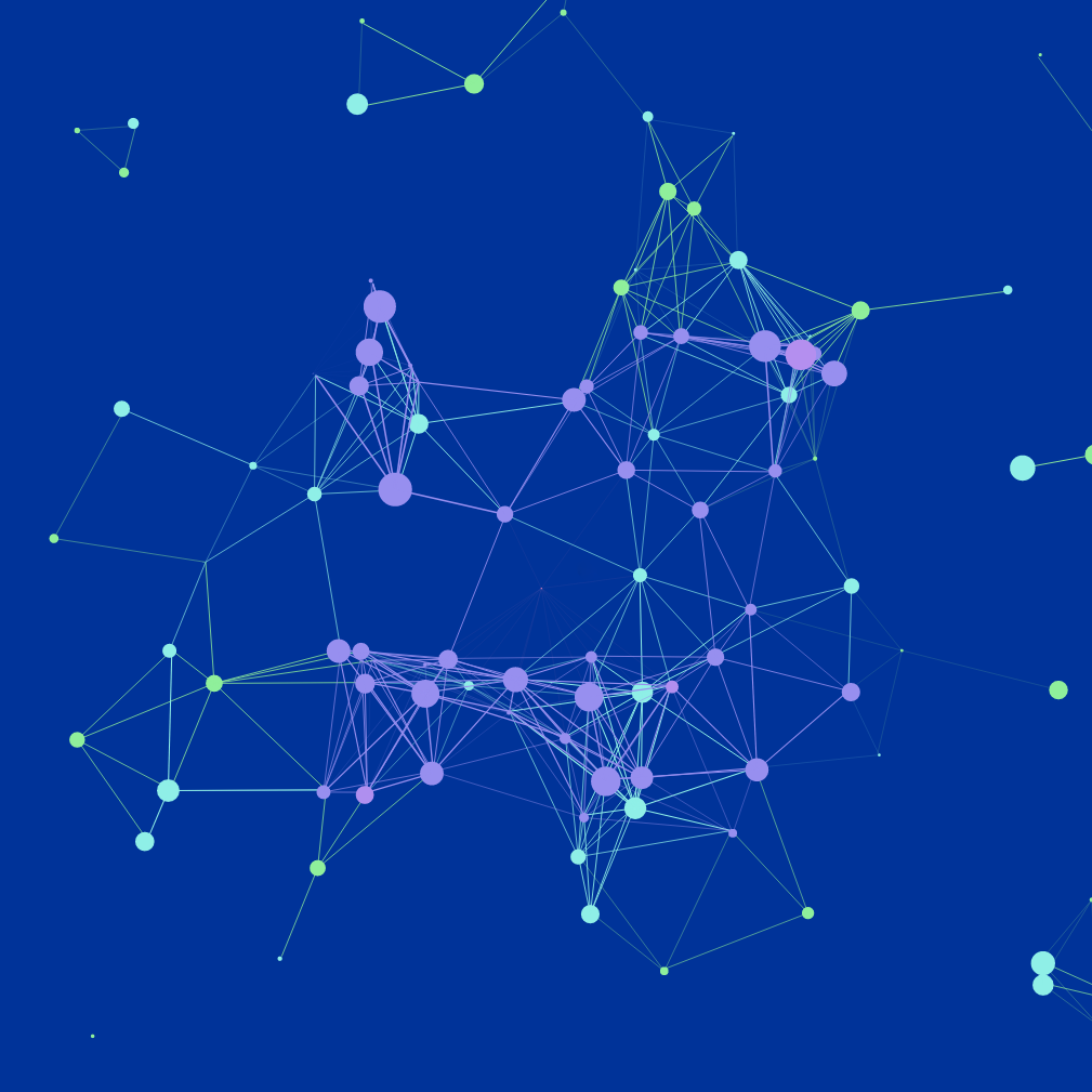 Interactive particle effect: a network of purple dots joined by fine lines on a deep blue background