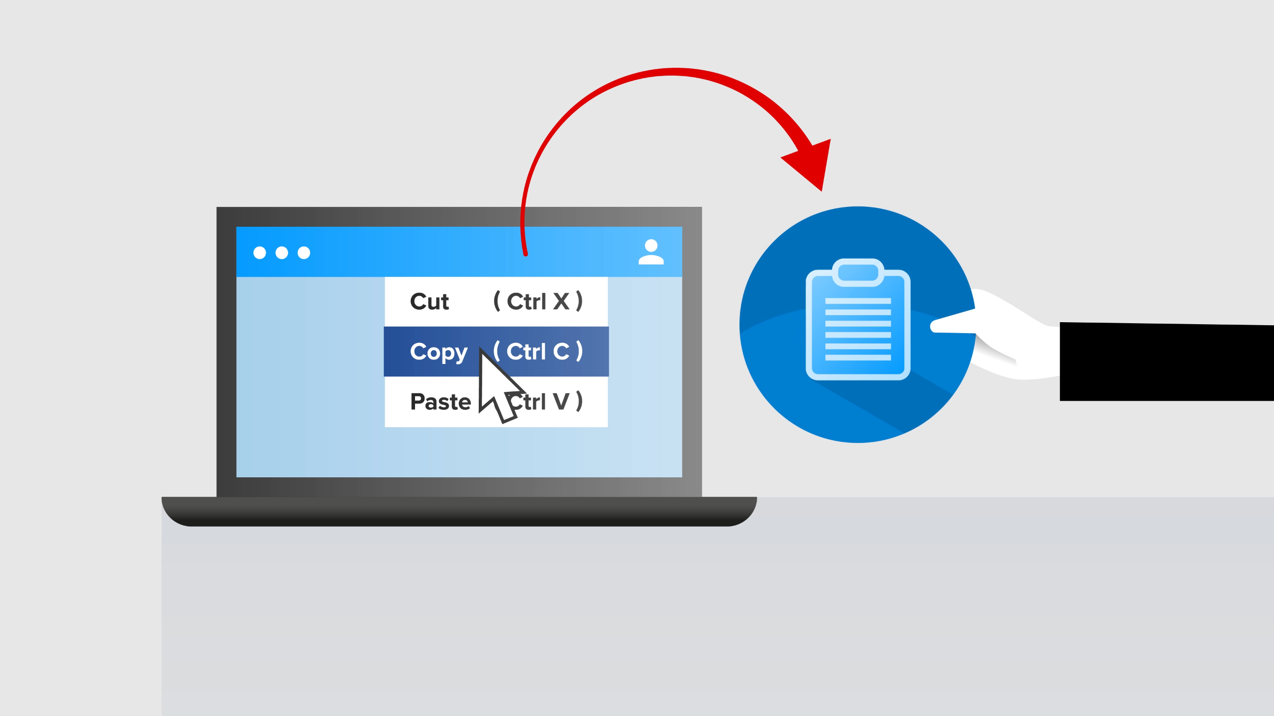 Laptop showing a Cut, Copy, Paste menu, with an arrow carrying the copied data to a clipboard icon