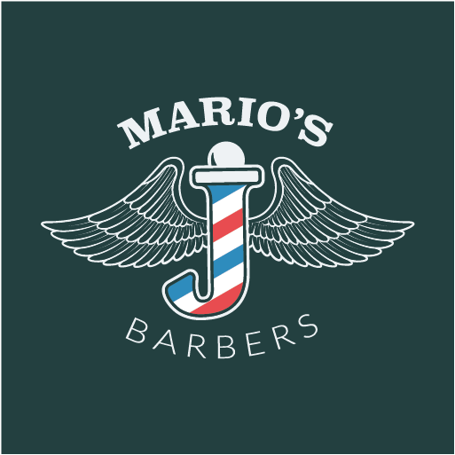 Mario's Barbers logo in colour on dark teal: a red, white and blue barber's pole with wings
