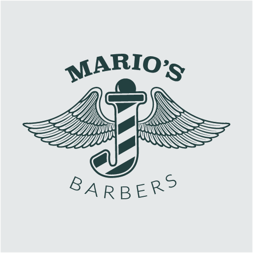 Mario's Barbers logo in dark teal on light grey
