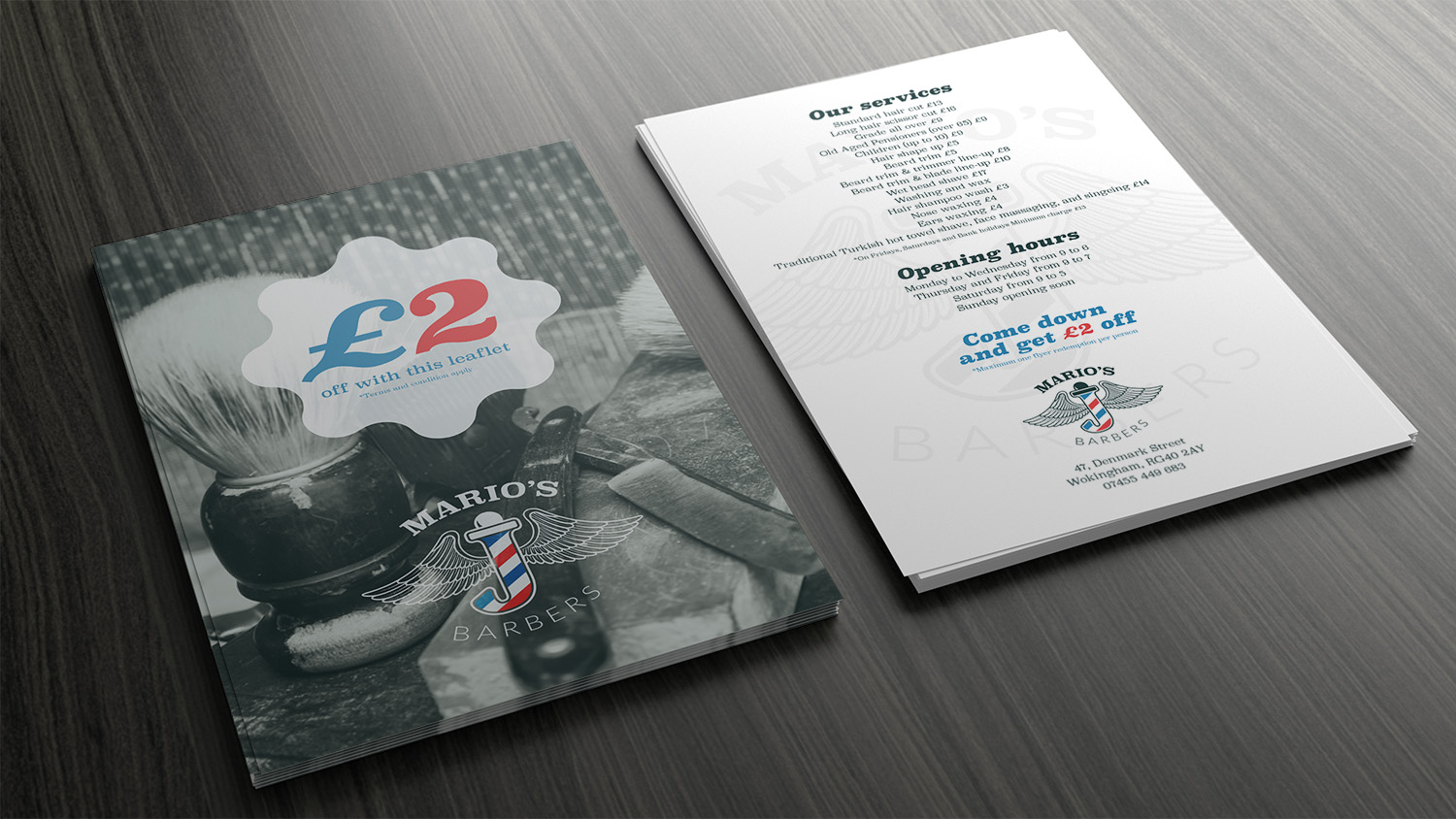 Mario's Barbers A5 leaflet, front and back, with a £2 offer and the price list