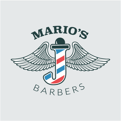 Mario's Barbers logo in colour on light grey, with a red, white and blue barber's pole