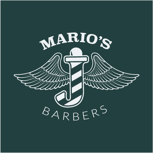 Mario's Barbers logo reversed out on dark teal