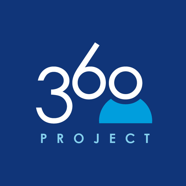 360 Project logo reversed out in white and light blue on navy