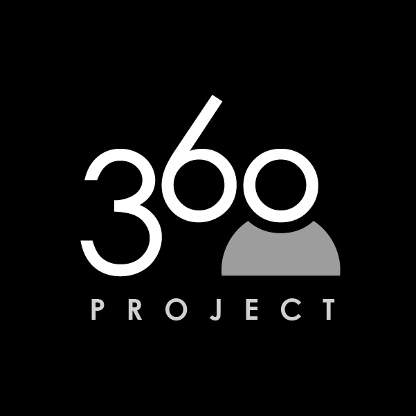 360 Project logo reversed out in white and grey on black