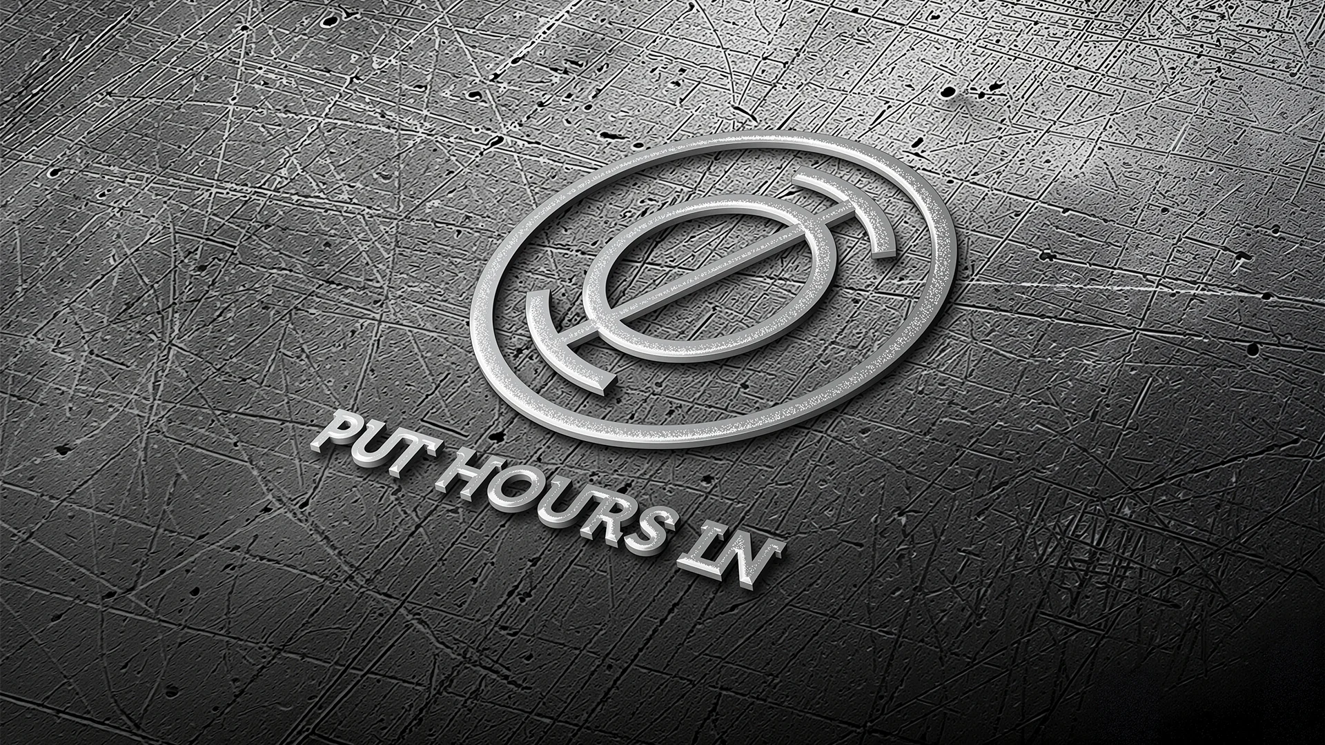 Put Hours In recording studio logo: a circular monogram forming the Greek letter phi, styled like a spinning record, in raised metal on a scratched, dark surface