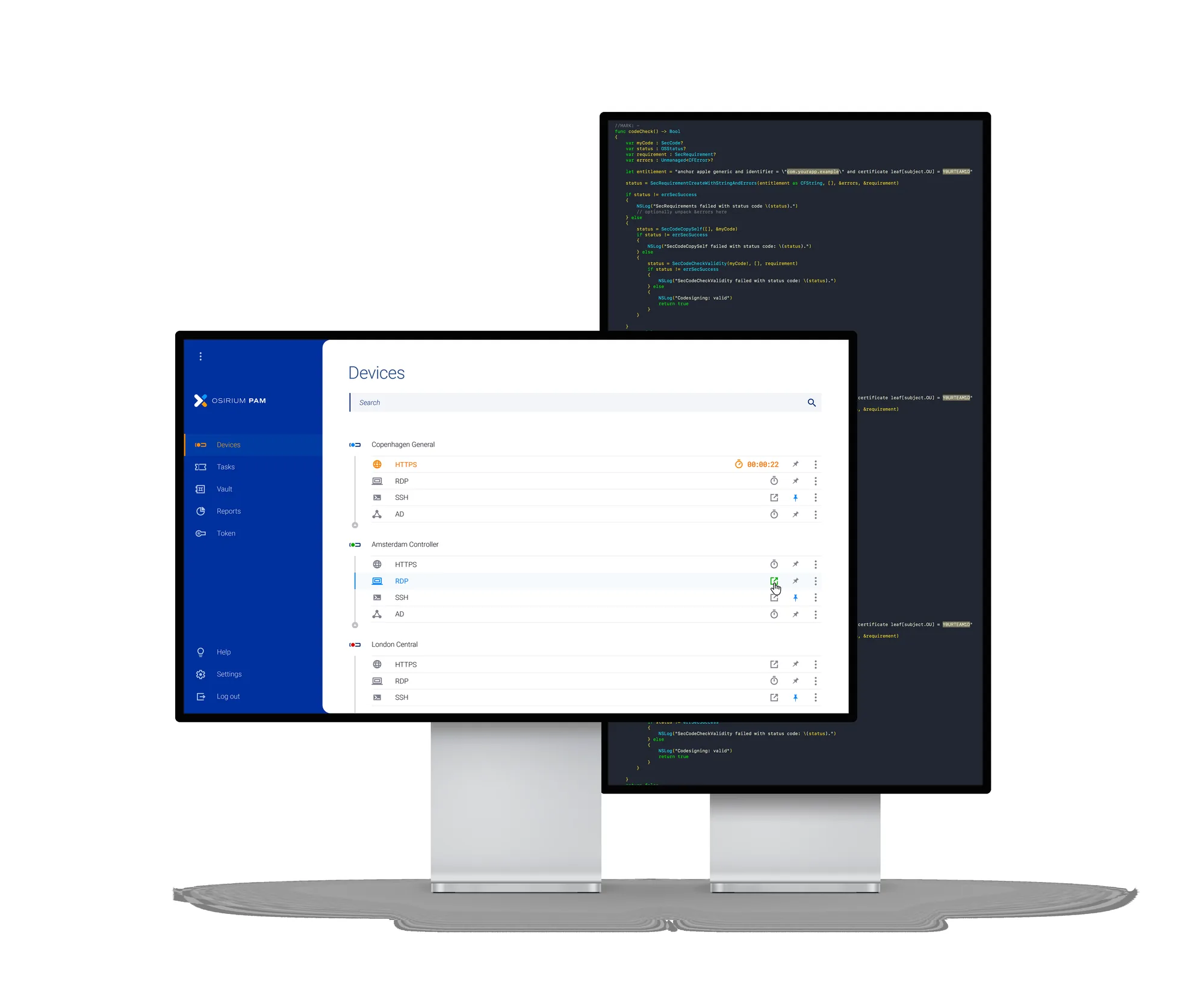 Osirium PAM interface on two desktop monitors