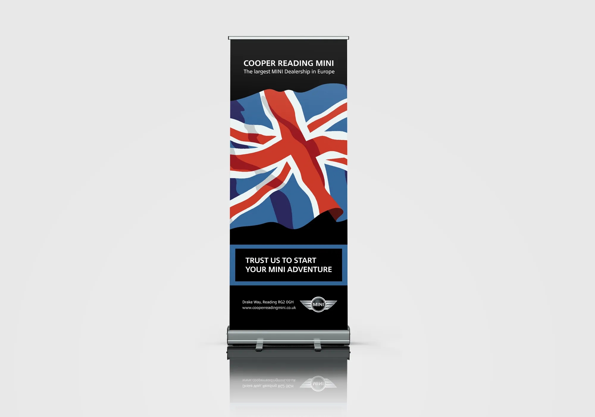 Cooper Reading MINI roller banner with Union Jack